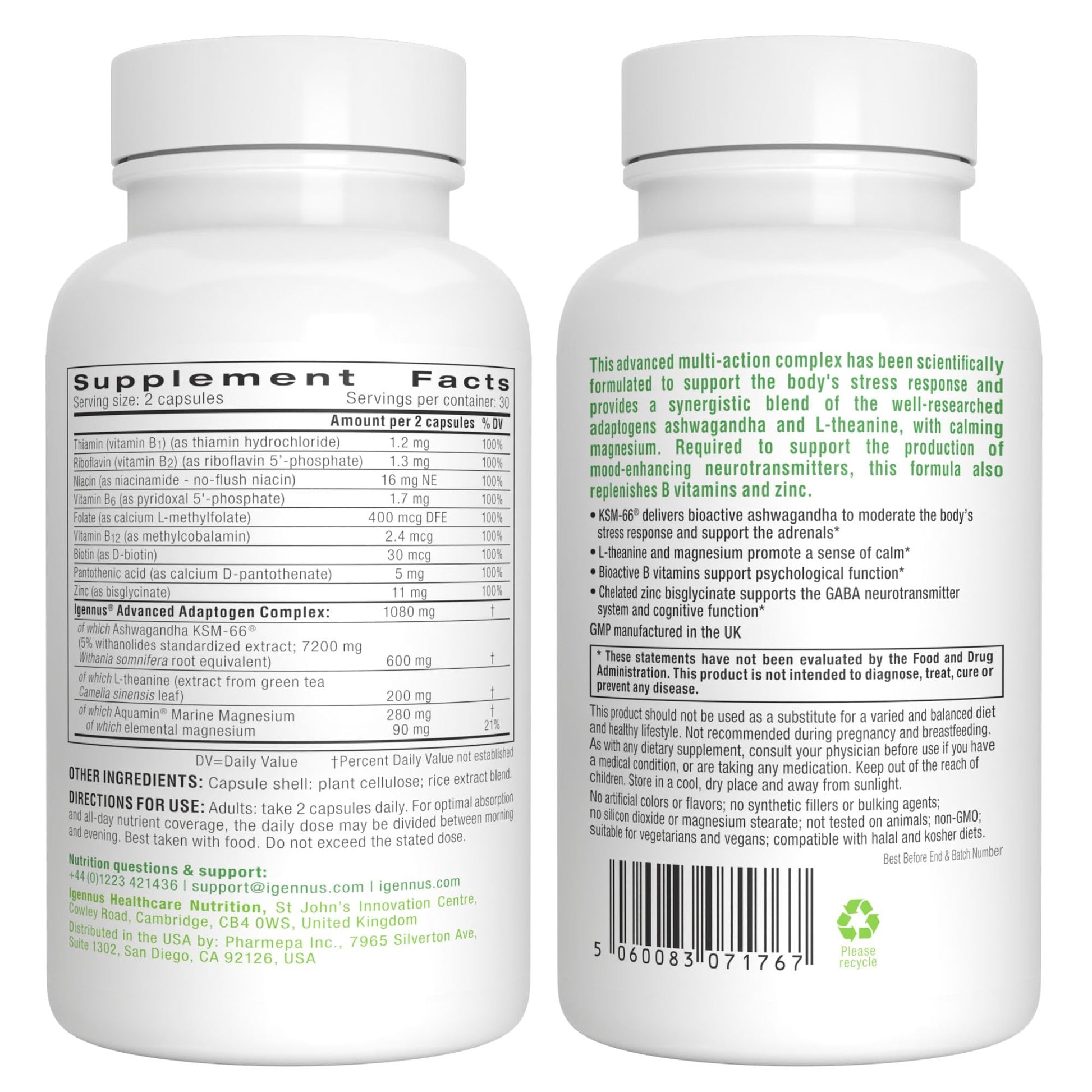Igennus High Strength Ashwagandha Stress Relief Complex, L-Theanine & Magnesium & KSM-66 Root Extract Adaptogens, Methylated B Vitamins, Calm & Sleep Support, Clean Label, 60 Fast Acting Capsules - Medaid International