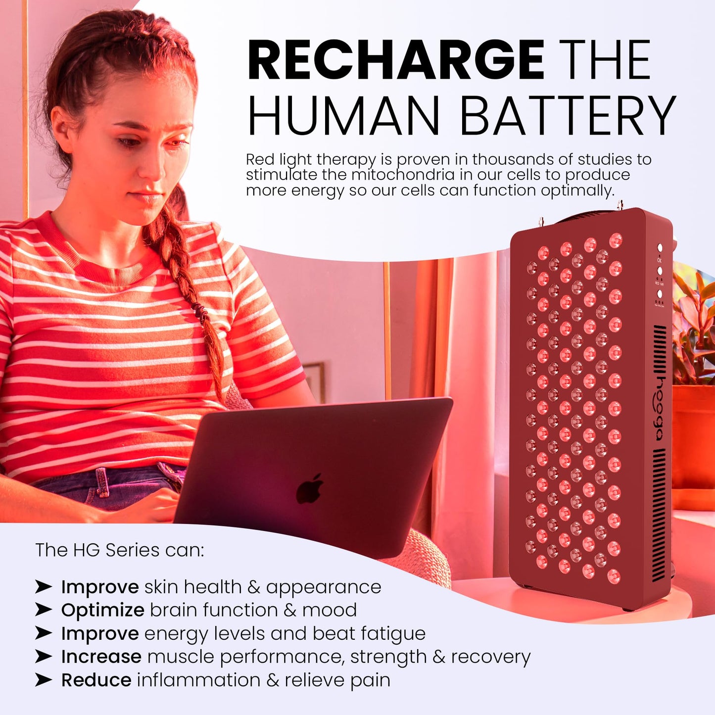Hooga Red Light Therapyfor Face & Body, 60 LEDs, 660nm Red 850nm Near Infrared with Timer for Pain Relief, Skin Health, Anti-Aging, Sleep, Energy & Recovery, Includes Hanging Kit & Handle - HG300 - Medaid International