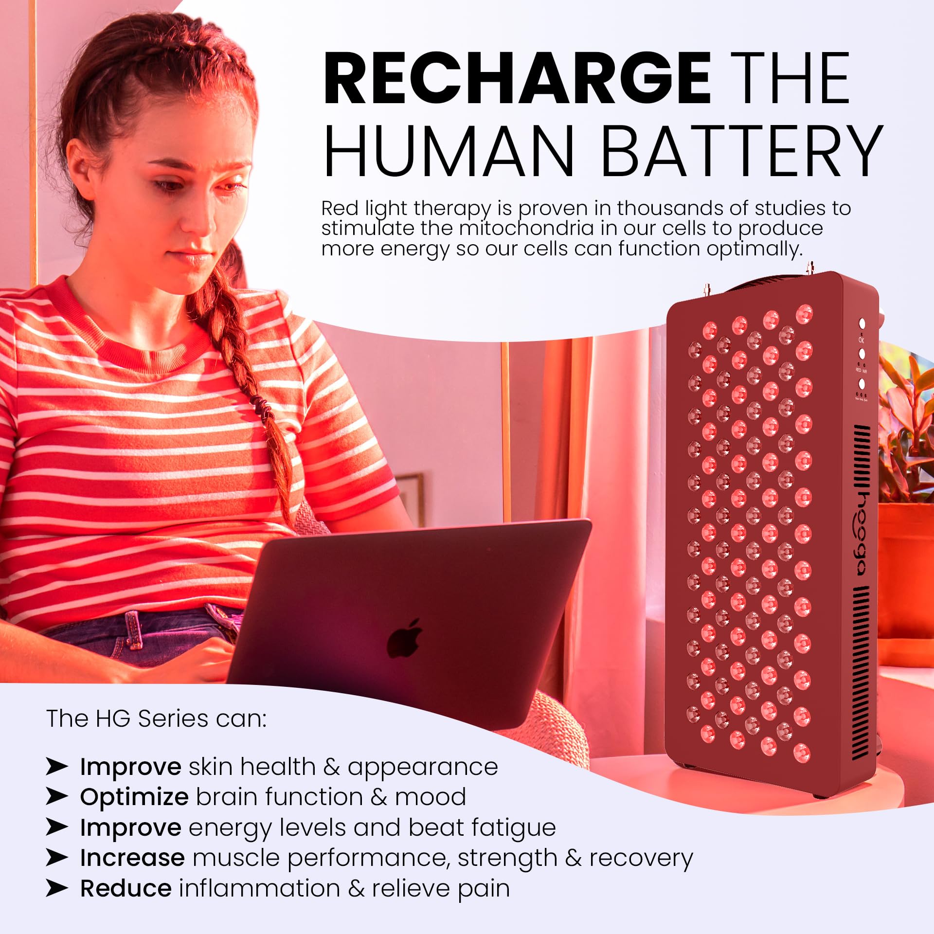 Hooga Red Light Therapyfor Face & Body, 60 LEDs, 660nm Red 850nm Near Infrared with Timer for Pain Relief, Skin Health, Anti-Aging, Sleep, Energy & Recovery, Includes Hanging Kit & Handle - HG300 - Medaid International