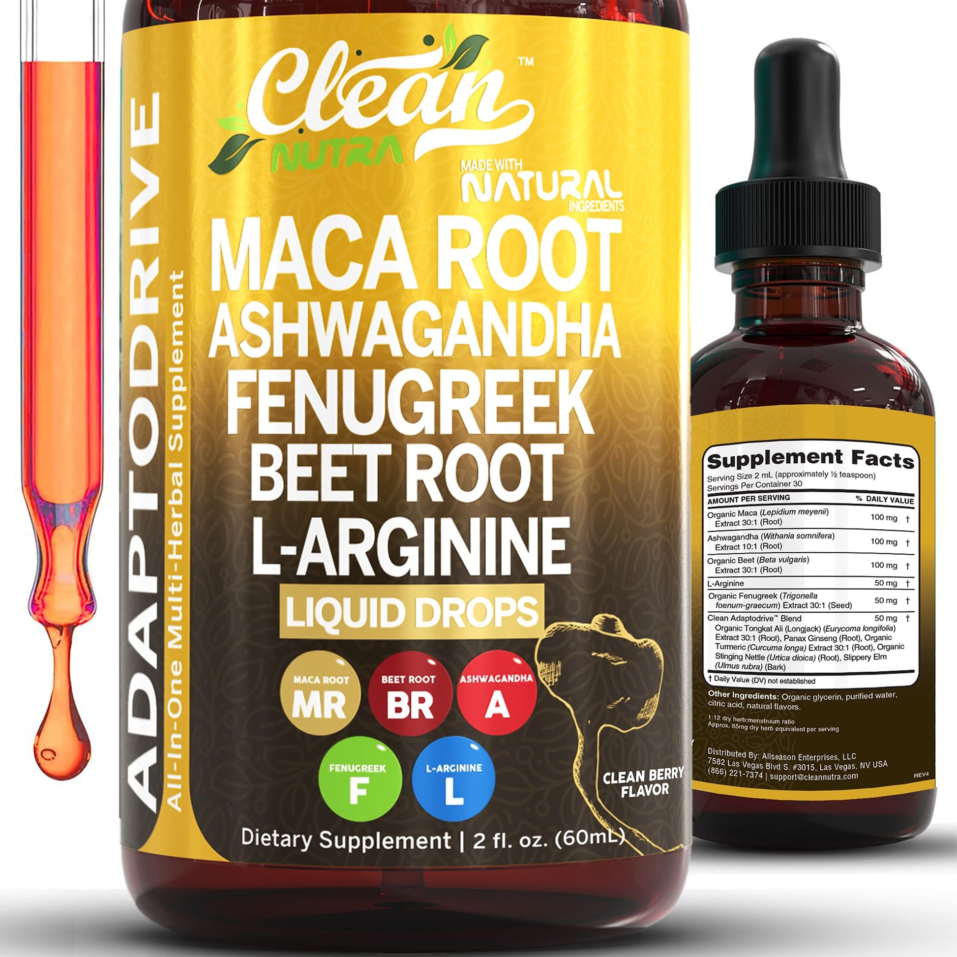 Clean Nutra Organic Maca Root Liquid Drops with Ashwagandha, Fenugreek, Beet Root and L-Arginine Liquid Multivitamin for Women and Men - Adapto Drive - Medaid International