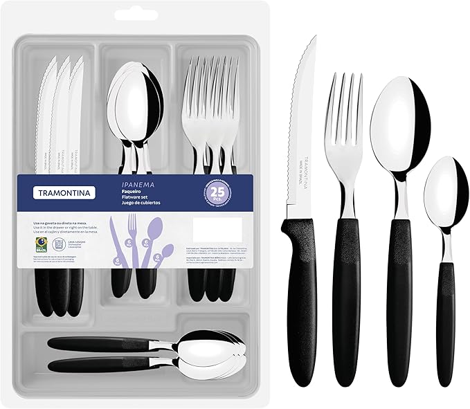 Tramontina Ipanema 25-Piece Flatware Set and Plastic Drawer Organizer (Black)