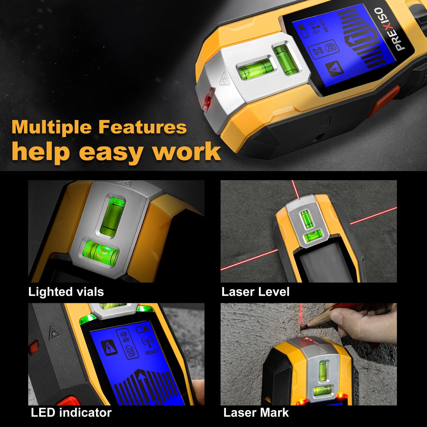PREXISO 2-in-1 Stud Finder with Laser Level, Rechargeable Multi Surface Cross Line Laser & Wall Stud Scanners Tool for Hanging Frames & Picture, Wood Ac Wire Metal Studs Joist Pipe Detection - Medaid International