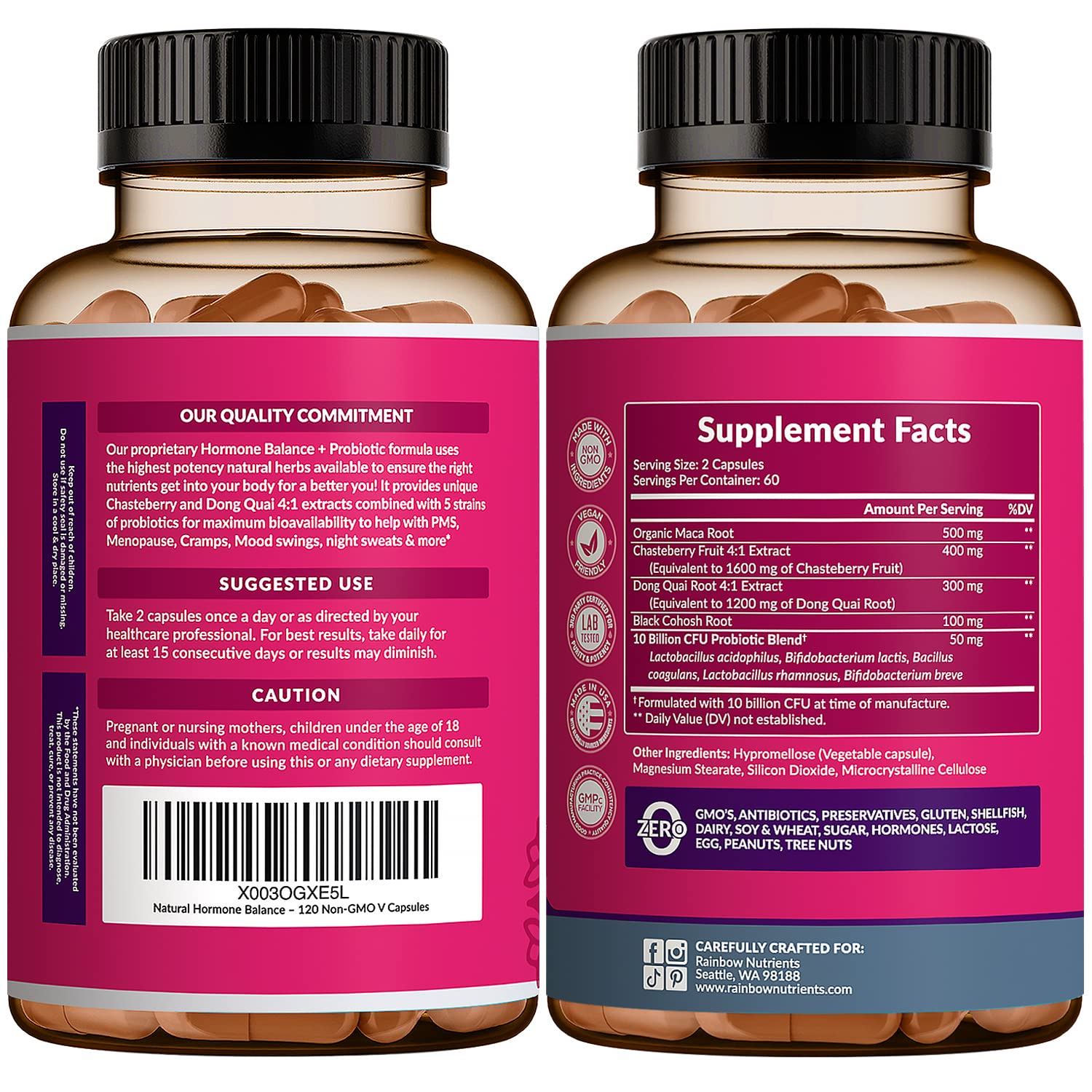 Hormone Balance + Probiotics for Women- Natural Menopause Relief, Weight Management, Bloating, Hot Flashes, PMS | Organic Maca, Chasteberry, Dong Quai & Black Cohosh | Non GMO |120 V Capsules - Medaid International