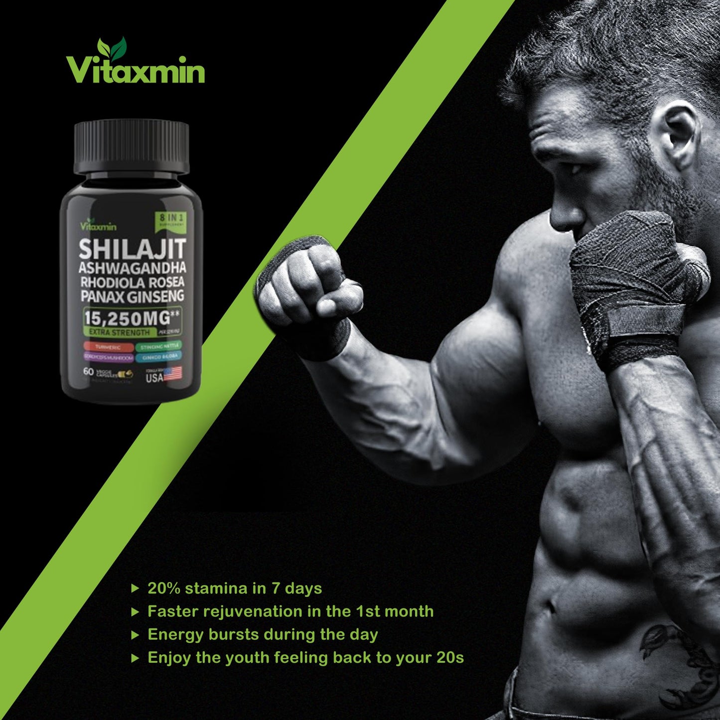 Shilajit and Ashwagandha Capsules, 8-in-1 Herbal Multivitamin for Men and Women, with Rhodiola Rosea, Ginseng, and Stinging Nettle, Shilajit for Men and Women - Medaid International