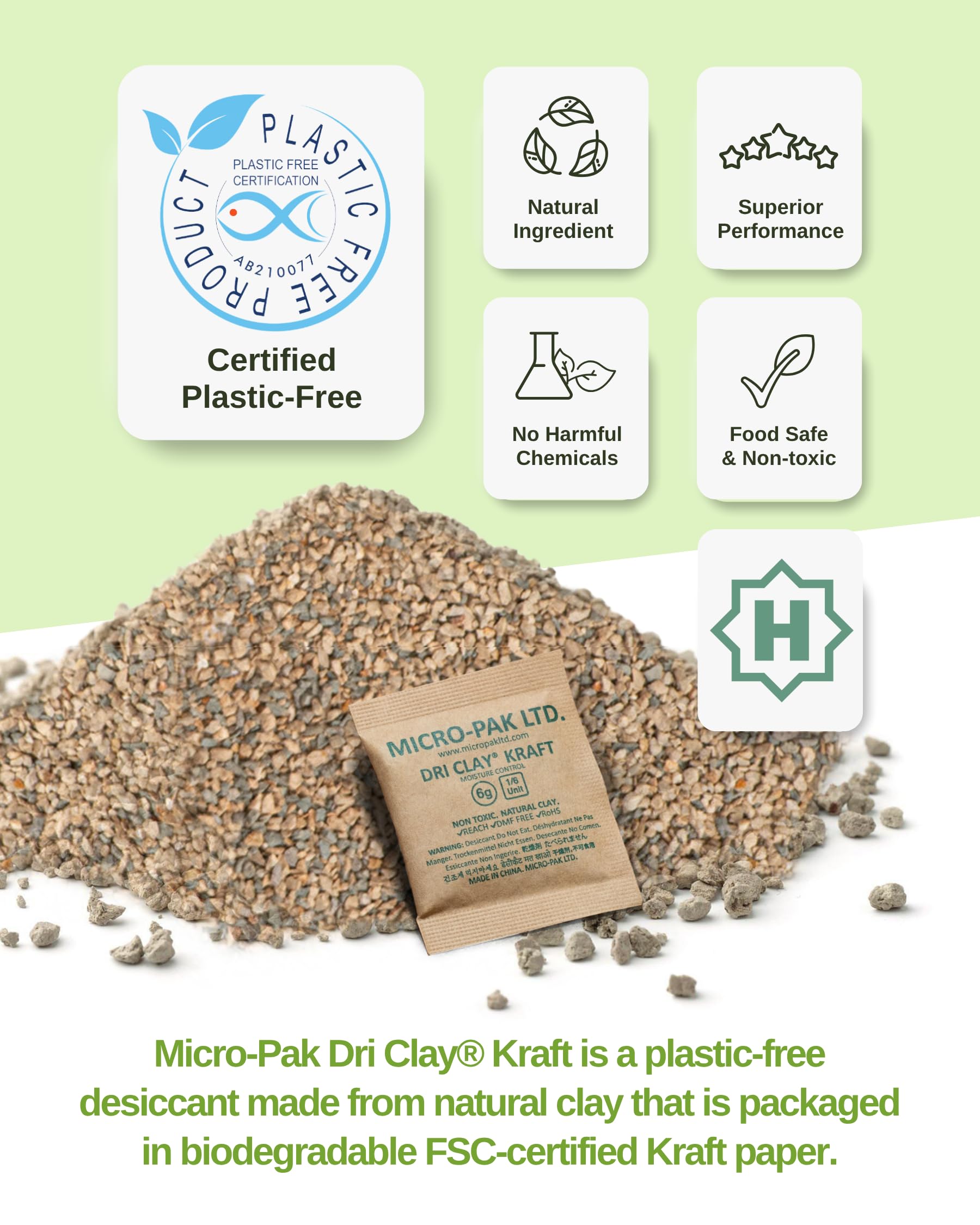 Micro-Pak Dri Clay Kraft, Highest Moisture Absorption Desiccant Packs, Silica Gel Packets Alternative, Food Safe Bentonite Clay, Desiccant Packs for Storage, Moisture Absorbers for Closet, 6gx50pcs - Medaid International