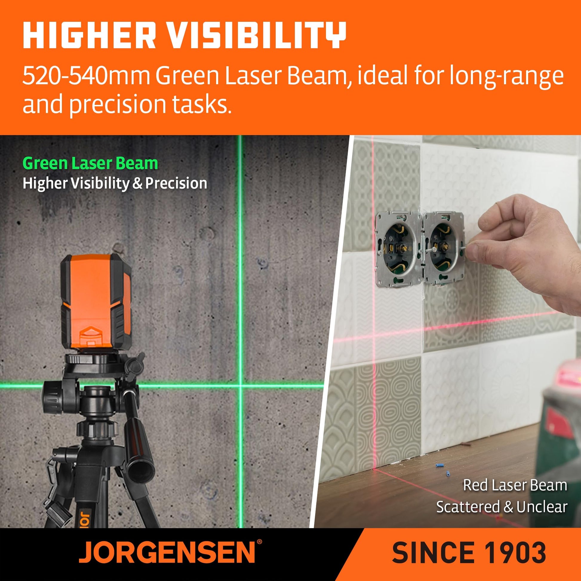 JORGENSEN Laser Level with Tripod, 100 FT Dual Modules Self Leveling Cross Line Laser Leveler Tool with 360° Magnetic Base, Green Laser Level for Picture Hanging, Tile, Home Renovation, Indoor Project - Medaid International