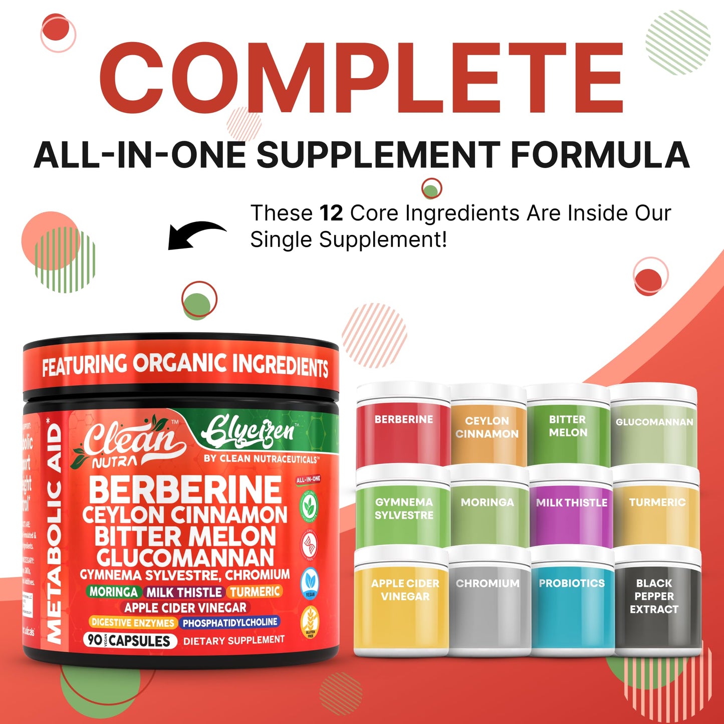 Clean Nutra Berberine and Ceylon Cinnamon Supplement Bitter Melon Glucomannan Gymnema Sylvestre Chromium Moringa Milk Thistle Turmeric Apple Cider Vinegar Digestive Enzymes Inositol Pills 90 Capsules - Medaid International