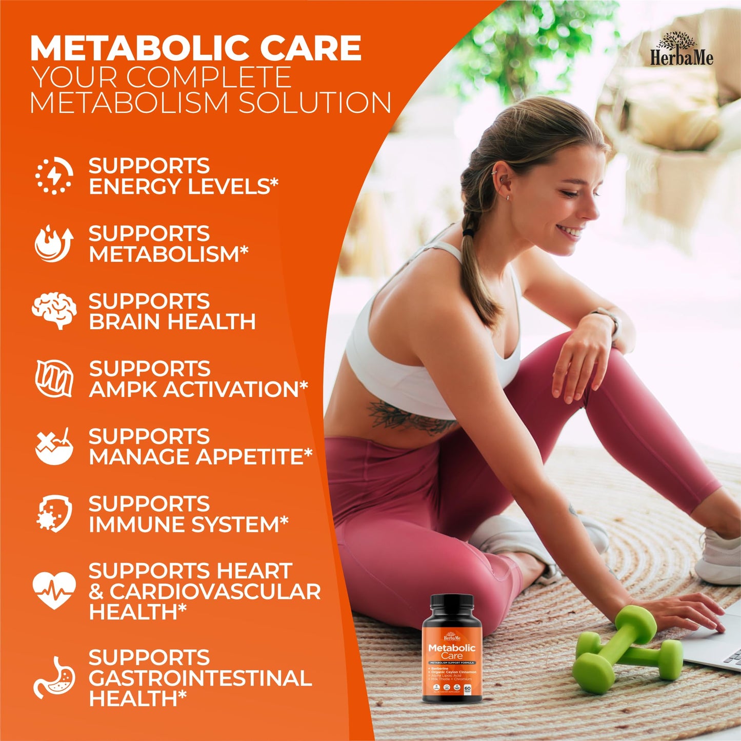 HerbaMe Berberine Supplement with Ceylon Cinnamon, Chromium, Alpha Lipoic Acid, Metabolic Care Supports Metabolism & Cardiovascular Health and Immune System, Helps Maintain Steady Energy Levels - Medaid International