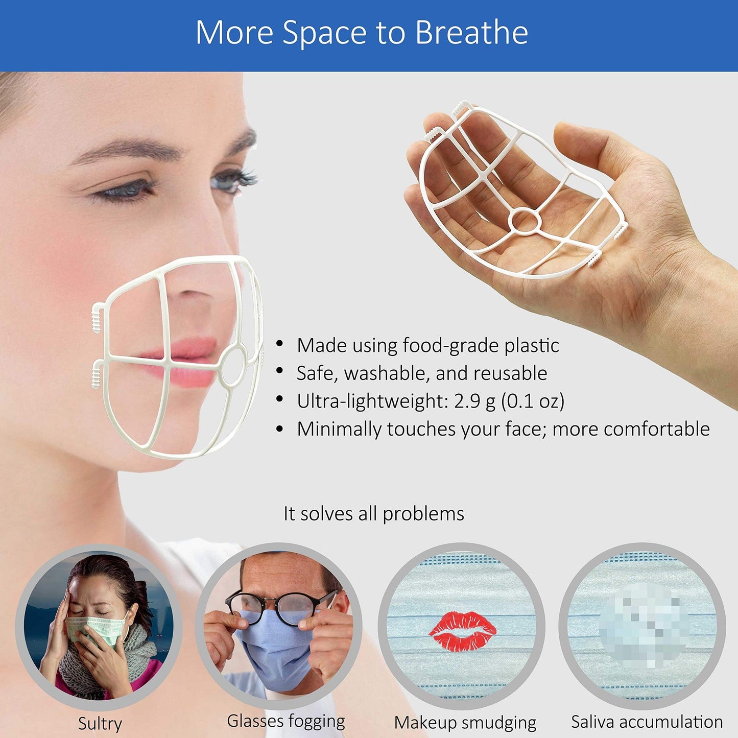 3D Face Mask Bracket, upgrade hook design, inner support frame, more space for comfortable breathing, made of food-grade plastic, 5 Pack. - Medaid International