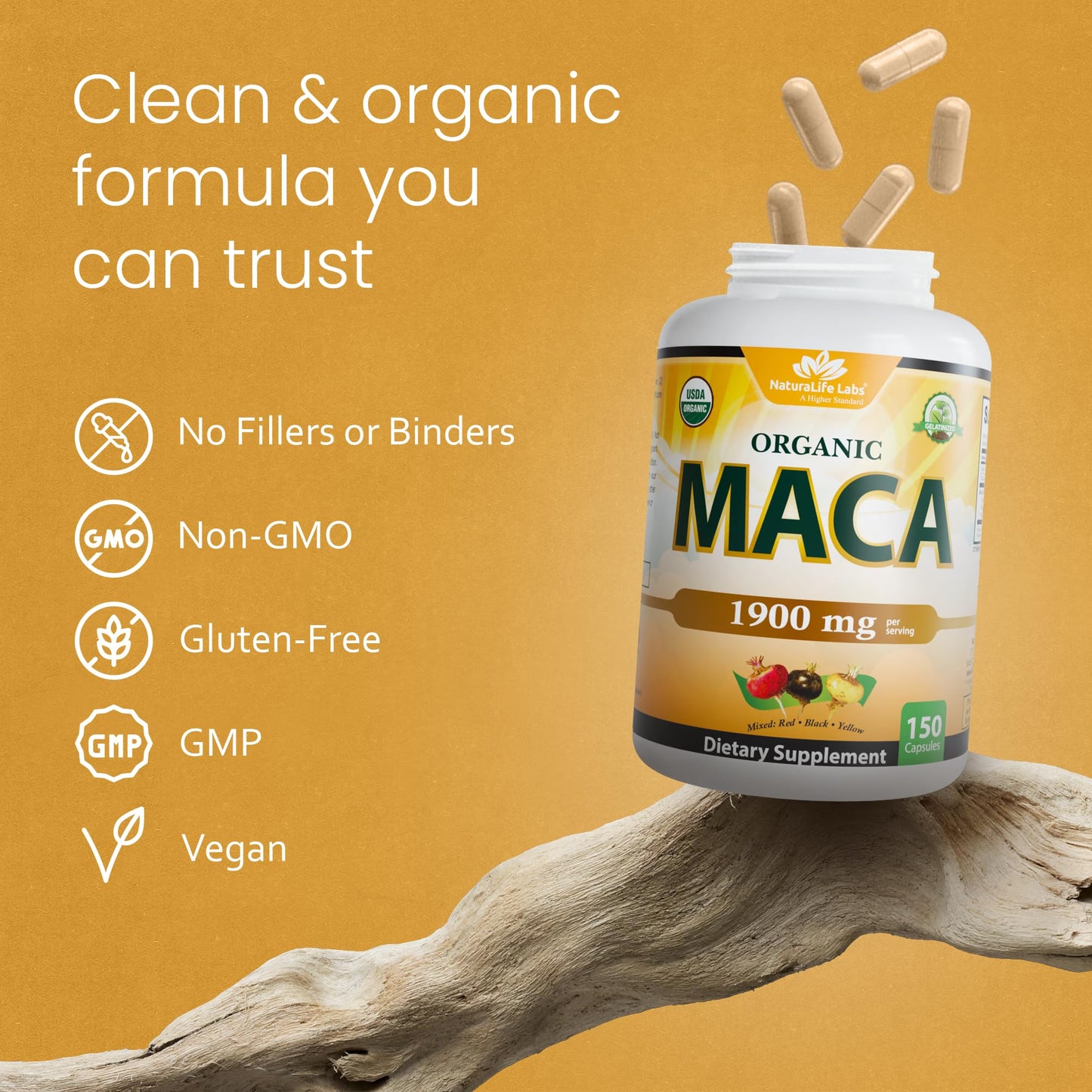NaturaLife Labs Organic Maca Root – Black, Red & Yellow – 1900 mg per Serving – 150 Capsules – Gelatinized Peruvian Maca – Non-GMO, Gluten-Free, Vegan - Medaid International