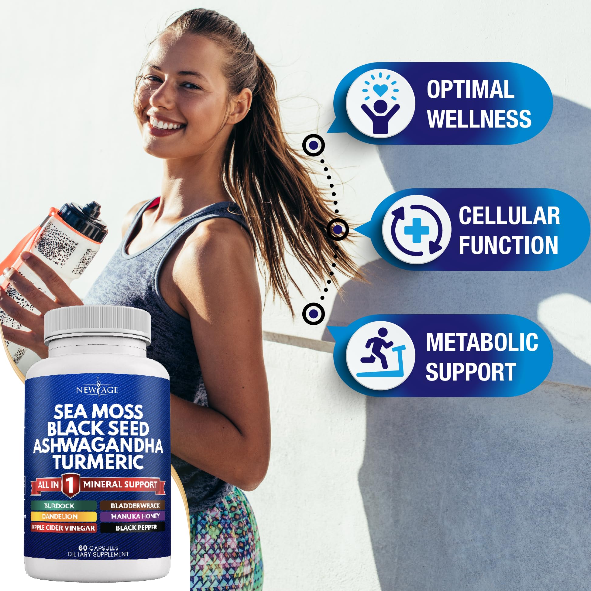 NEW AGE Sea Moss Capsules, Black Seed Oil Ashwagandha Turmeric Bladderwrack Burdock - with Manuka, Honey Dandelion, ACV Black Pepper Gluten Free - Medaid International