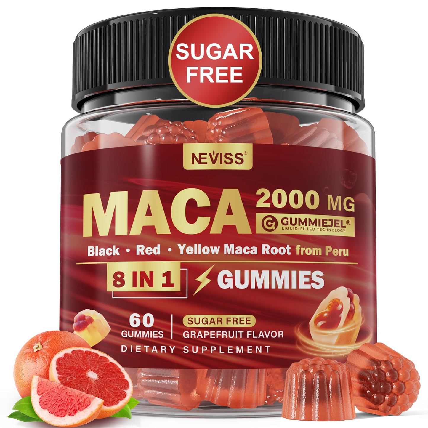 Maca Root Filled Gummies 2000mg for Women Men | Sugar Free | Organic Black, Red, Yellow Maca Root Supplement Gummy Chews with Ashwagandha Ginseng & Zinc | Vegan, Non-GMO, Grapefruit Flavor, 60 Count - Medaid International