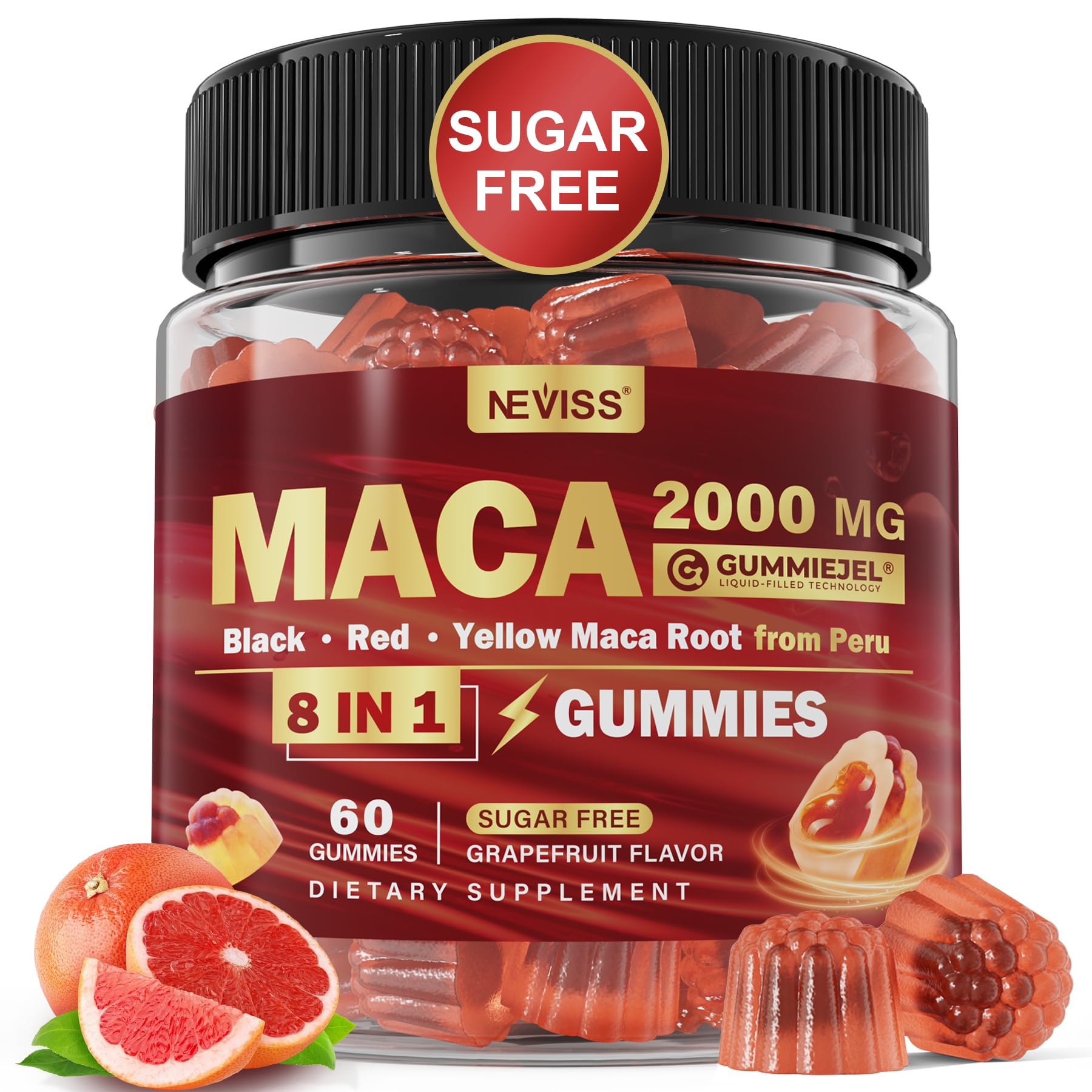 Maca Root Filled Gummies 2000mg for Women Men | Sugar Free | Organic Black, Red, Yellow Maca Root Supplement Gummy Chews with Ashwagandha Ginseng & Zinc | Vegan, Non-GMO, Grapefruit Flavor, 60 Count - Medaid International