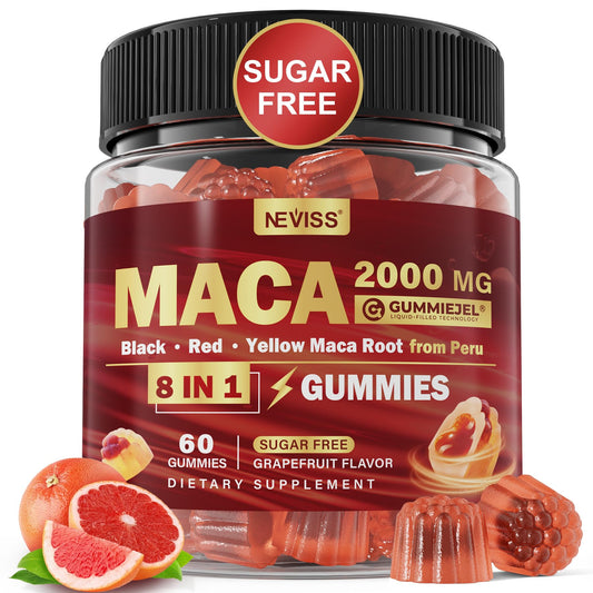 Maca Root Filled Gummies 2000mg for Women Men | Sugar Free | Organic Black, Red, Yellow Maca Root Supplement Gummy Chews with Ashwagandha Ginseng & Zinc | Vegan, Non-GMO, Grapefruit Flavor, 60 Count - Medaid International
