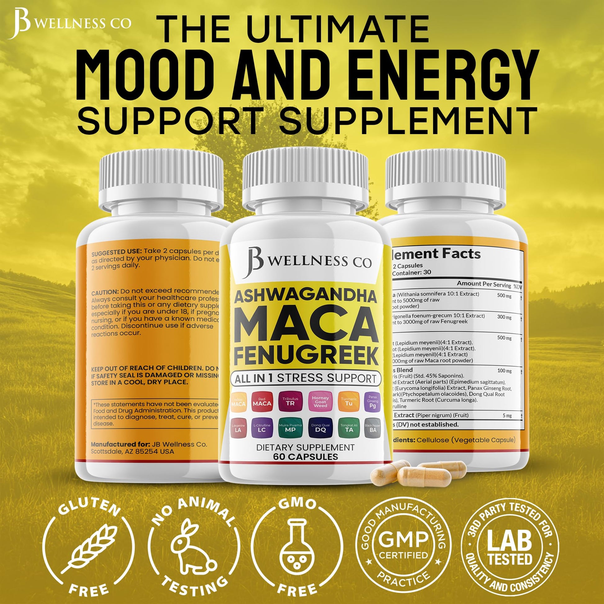 JB WELLNESS CO Ashwagandha Maca Root Fenugreek Supplement with Tongkat Ali Ginseng - Assists with Mood & Thyroid Health - Made in USA - 120 Count - Medaid International