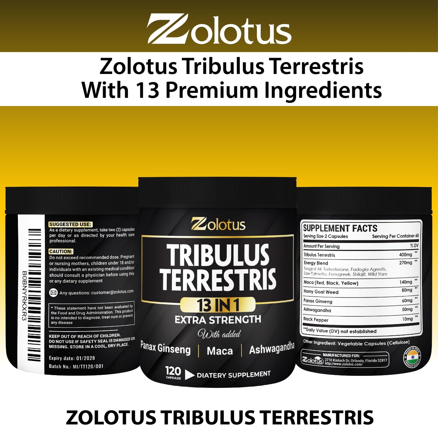 Zolotus 13in1 Tribulus Terrestris Capsules with Maca, Horny Goat Weed, Panax Ginseng, Saw Palmetto, Tongkat Ali, Shilajit & More - Energy, Stamina Supplement for Men & Women - 120 Counts - Medaid International