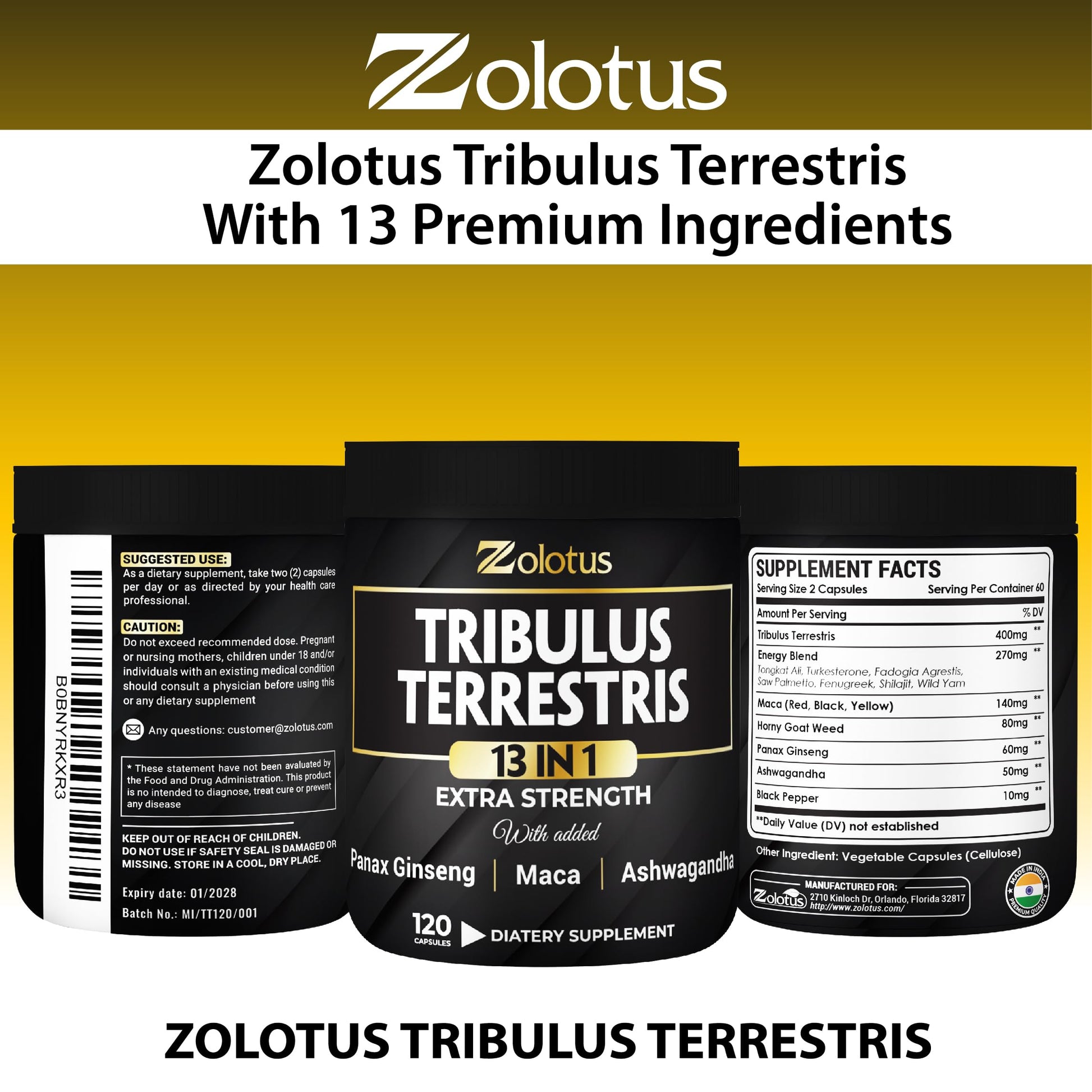 Zolotus 13in1 Tribulus Terrestris Capsules with Maca, Horny Goat Weed, Panax Ginseng, Saw Palmetto, Tongkat Ali, Shilajit & More - Energy, Stamina Supplement for Men & Women - 120 Counts - Medaid International