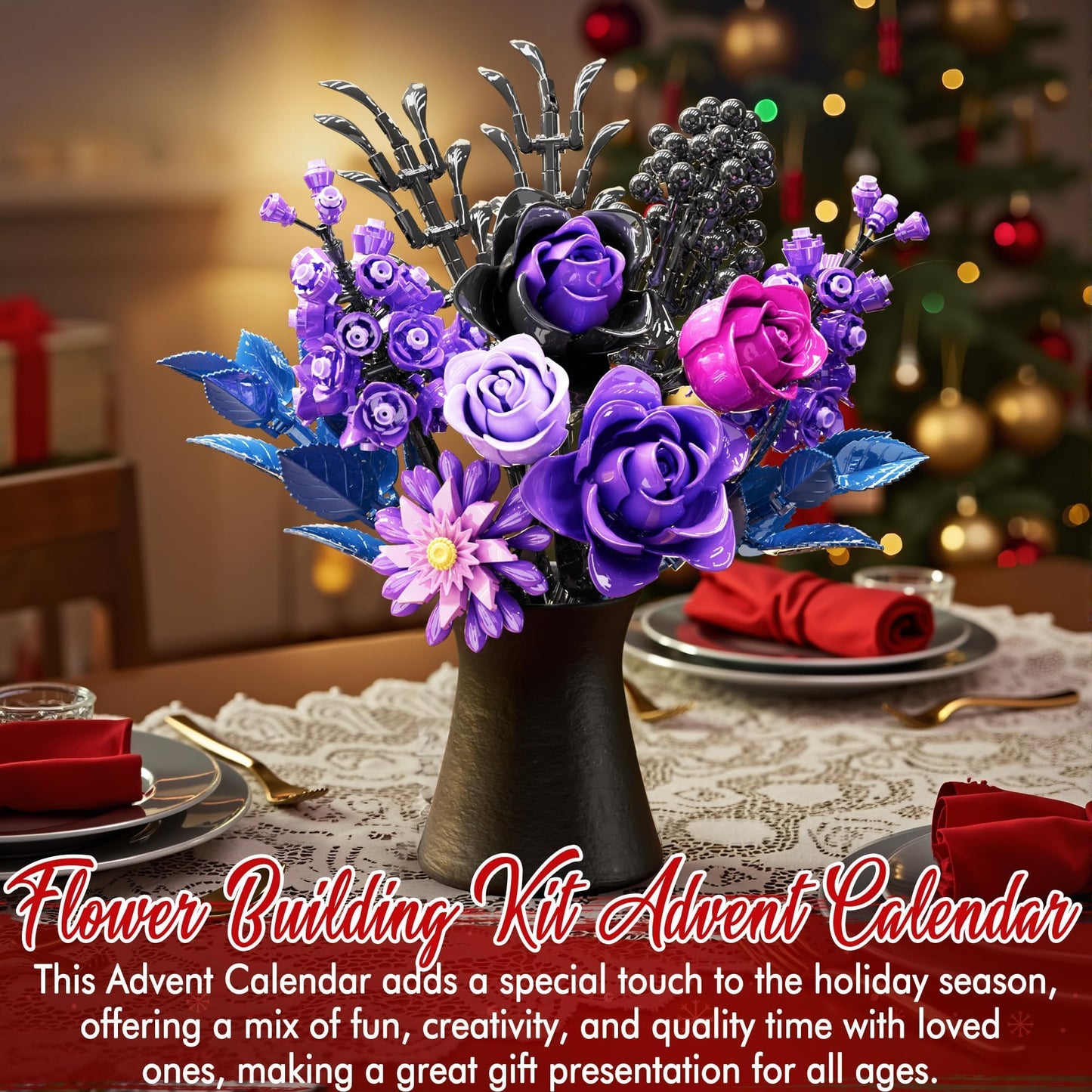 Advent Calendar 2025 for Adults Teens, 12 Purple Rose Flower Bouquet Building Blocks, 24 Days Surprise Christmas Countdown Calendar with 822 PCS Gothic Artificial Flowers Home Decor for Women Men Teen - Medaid International