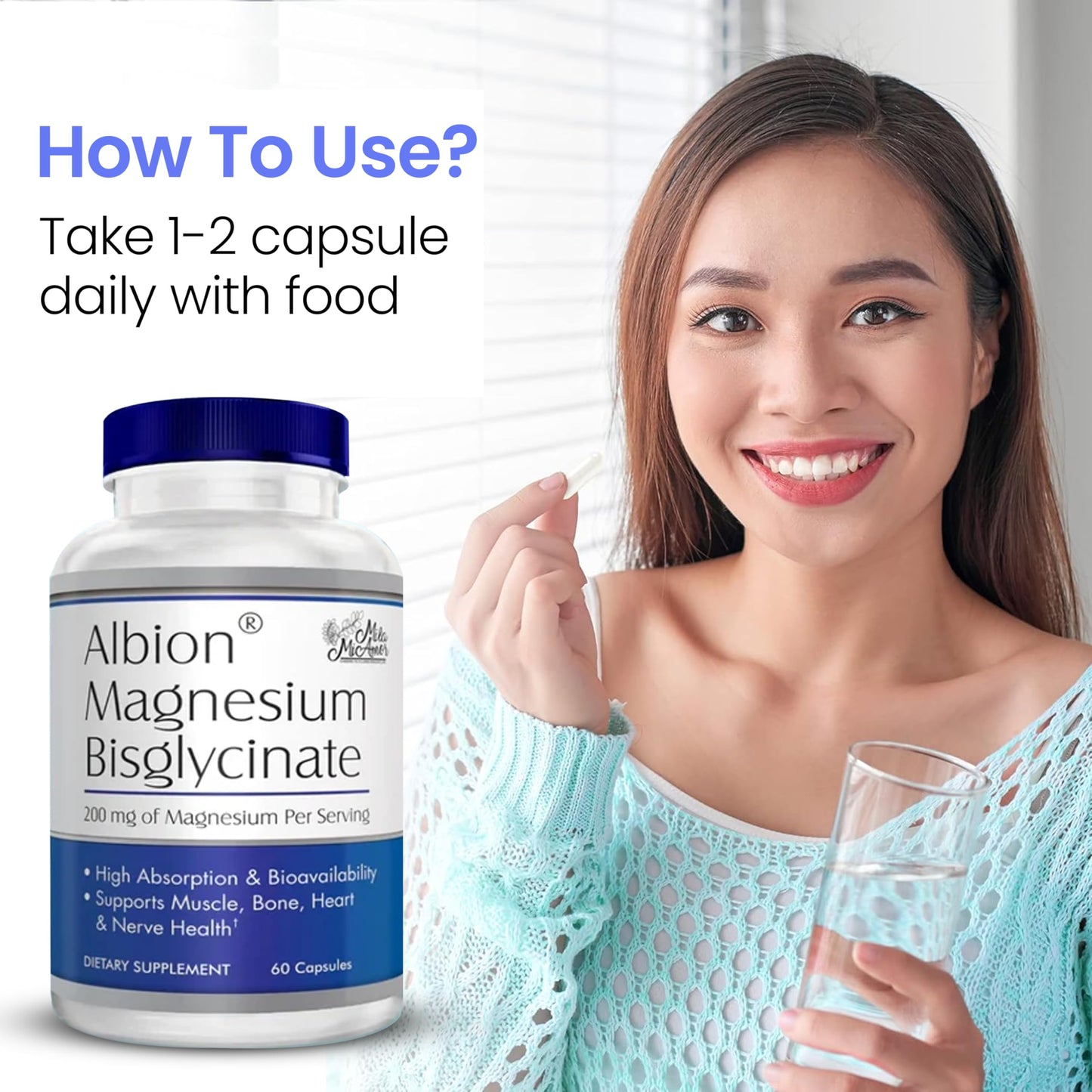 MilaMiAmor Albion® Magnesium Bisglycinate – Highly Absorbable Chelated Magnesium for Muscle, Nerve, Relaxation & Sleep Support – Gentle on Stomach, Vegan – 200mg per Serving, 60 Capsules - Medaid International