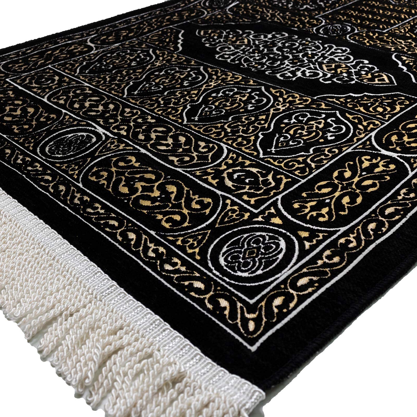 Modefa Turkish Islamic Prayer Mat Muslim Prayer Rug Islam Men Women Chenille with Praying Cap, Beads | Full Kaba Door Swirl Intricate Design (Black) - Medaid International
