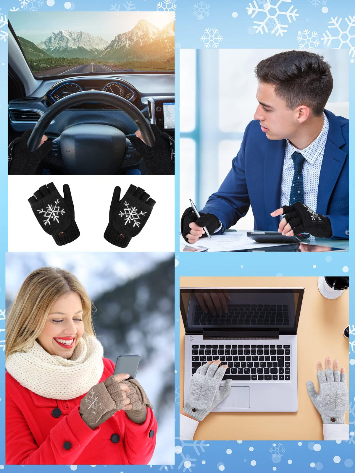 KASTWAVE 4 Pairs Women’s Winter Knitted Convertible Fingerless Gloves – Flip Cover Wool Mittens (White/Black/Gray/Khaki) | Warm Half-Finger Gloves for Typing/Writing/Chores, One Size Fits Most