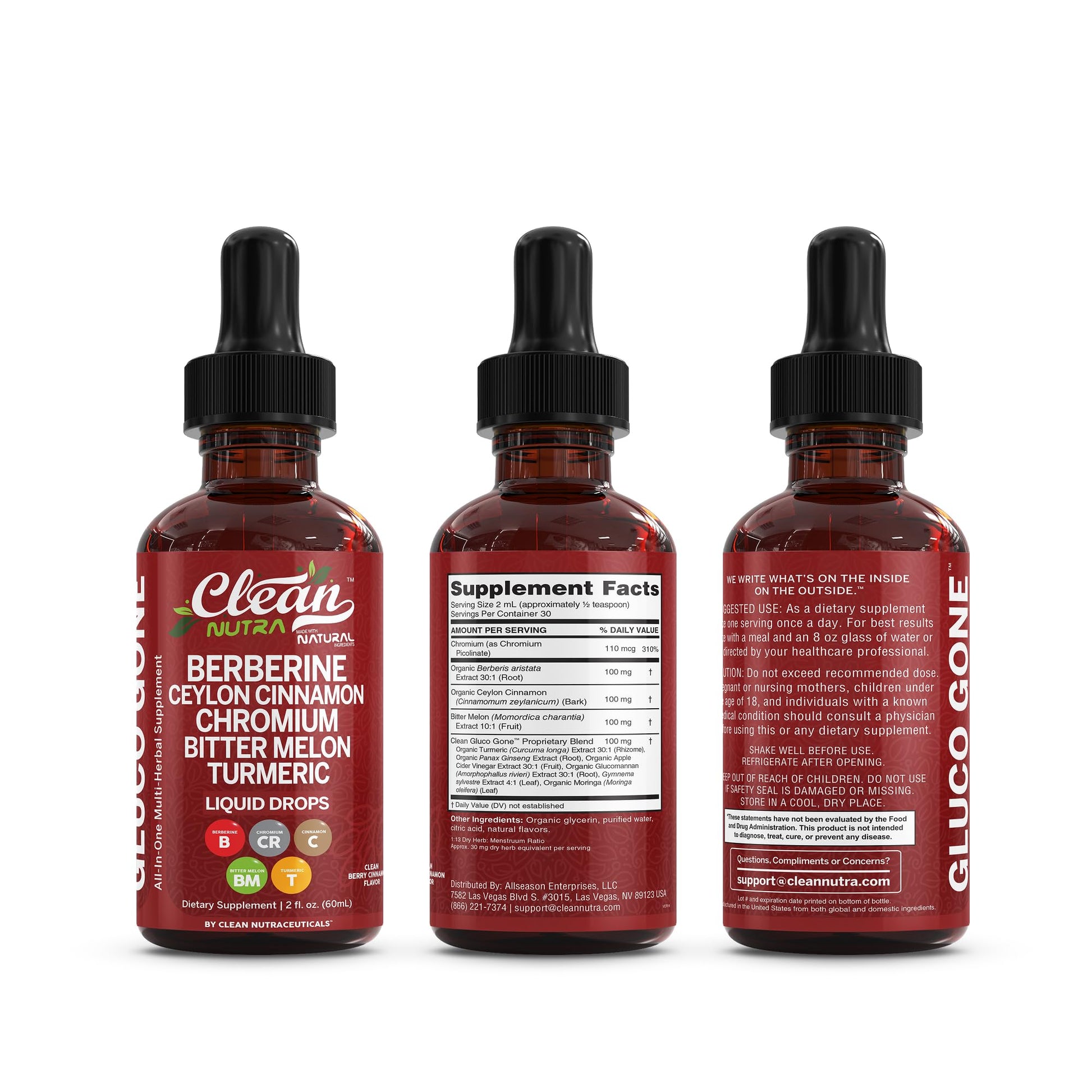 Clean Nutra Berberine with Ceylon Cinnamon Supplement Liquid Drops + Bitter Melon Extract, Glucomannan, Gymnema, Chromium, Turmeric, Organic Panax Ginseng, Moringa GLP-1 Support - Medaid International