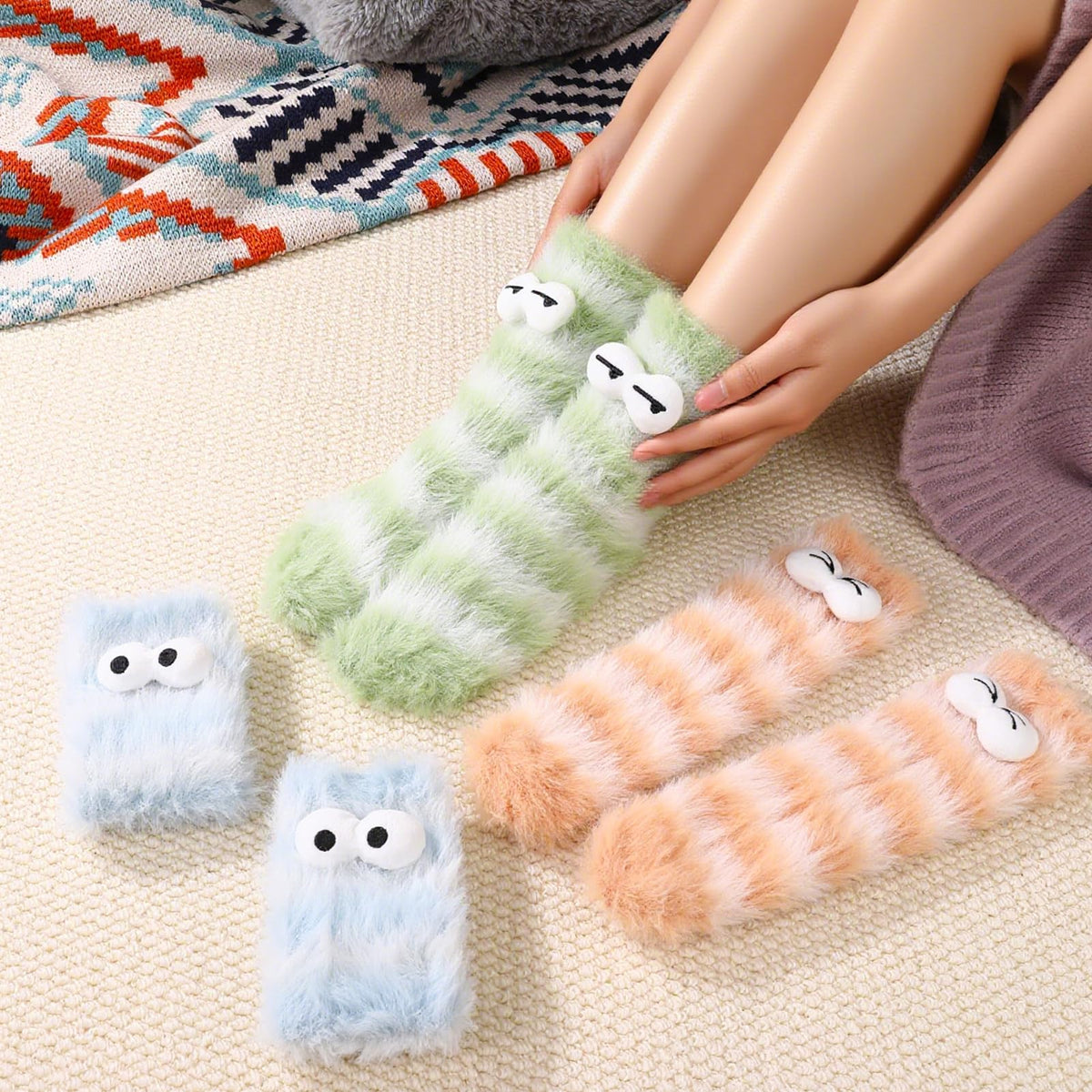 KASTWAVE 3 Pairs Fluffy Cartoon Monster Socks for Women, Cozy 3D Velvet Funny Sleep Cute & Quirky Warm Winter Socks for Halloween & Birthday, Foot Size 38-42