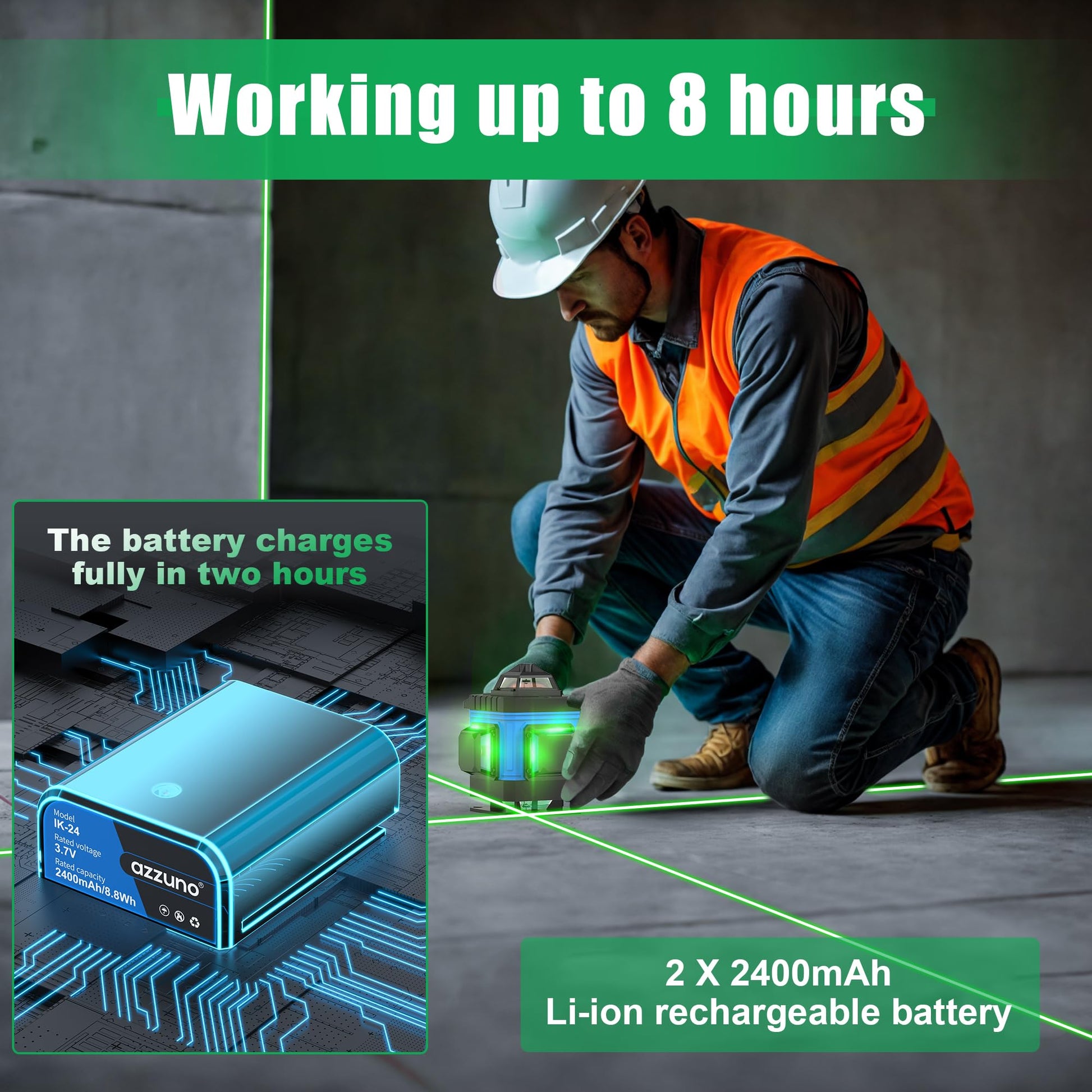 AZZUNO Laser Level 360 Self Leveling Green Beam with LCD Screen, 4x360 lazer leveler tool, Rechargeable Battery & Magnetic Base - Ideal for Construction, Tiling, Tool Gift - Medaid International