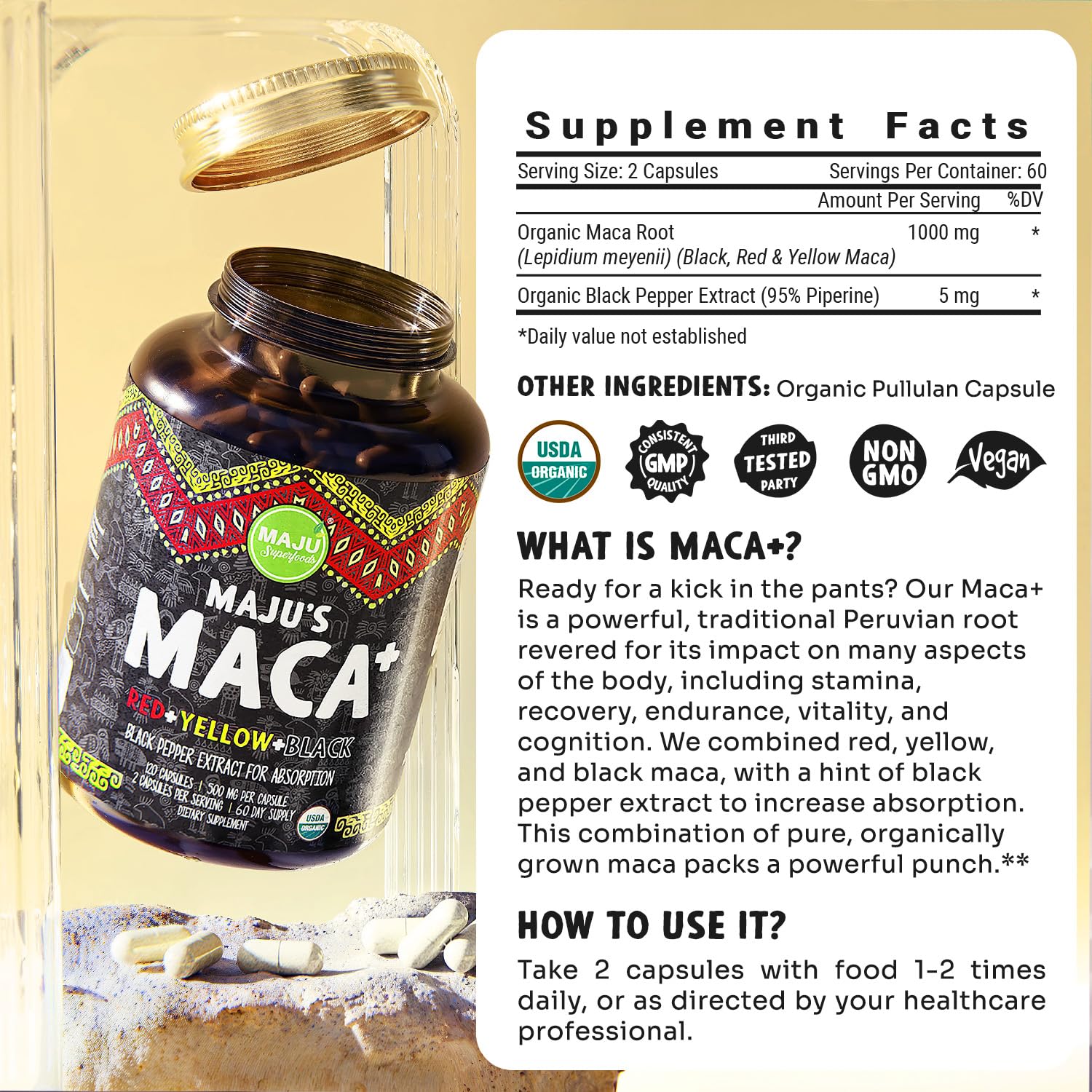 Maju Superfoods 4-in-1 Maca Root Capsules, Organic Black, Yellow & Red Roots w Black Pepper Extract for Absorption (120 ct) | Peru Product, Peruvian Powder, Men & Women Supplement, 60,000 mg - Medaid International