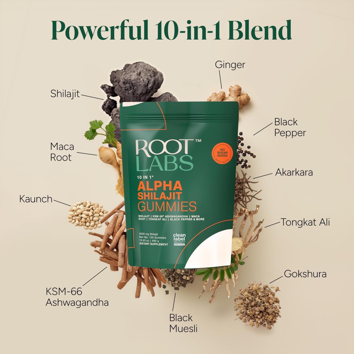 ROOT LABS 10-in-1 Alpha Shilajit Gummies | 4000 mg Pure Himalayan Shilajit, Tongkat Ali, Maca Root, 75% Fulvic Acid | ShilAbsorb Bioavailability Tech | Sugar-Free Vegan, 85+ Trace Minerals | 120 Pack - Medaid International