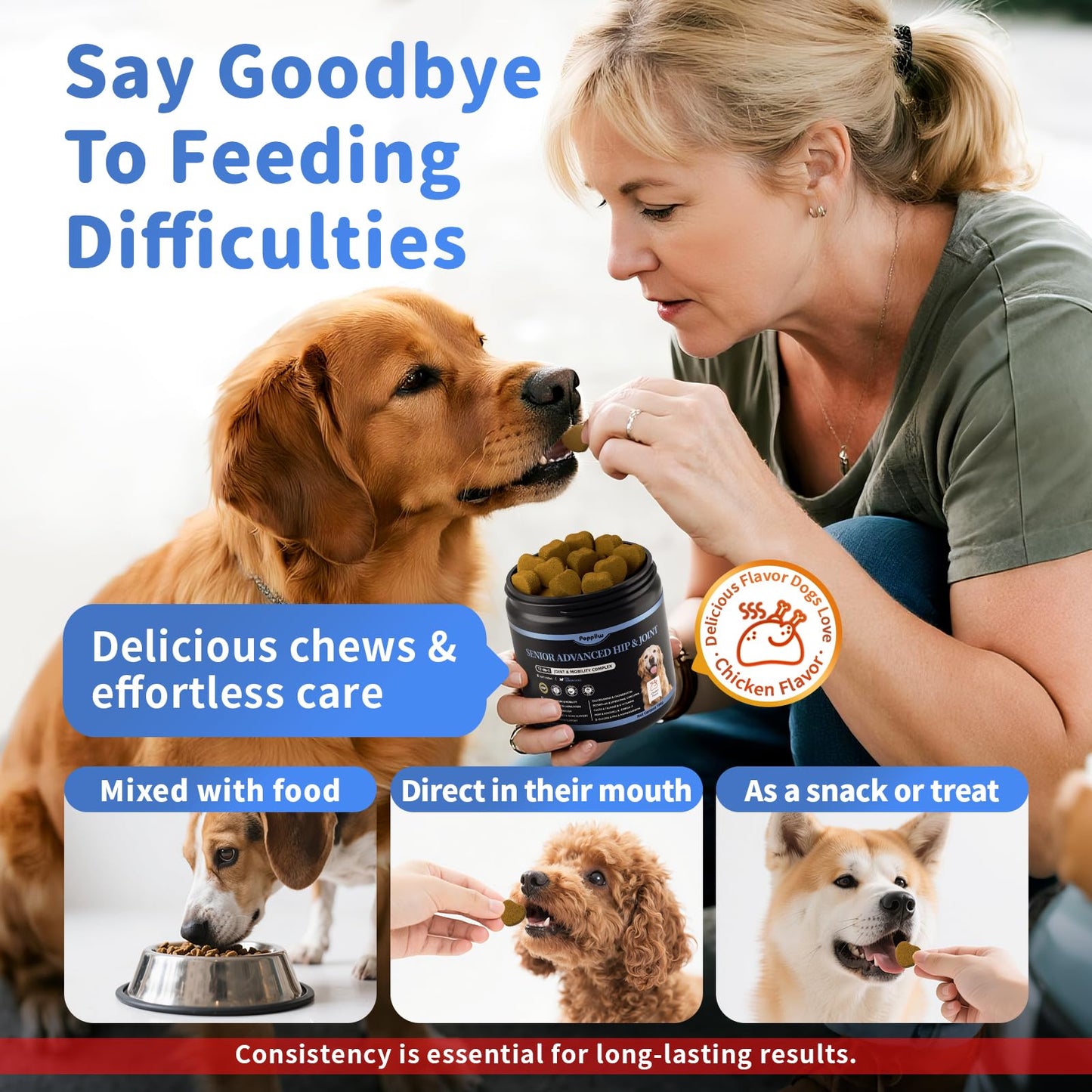 POPPAW Senior Advanced Joint Supplement for Dogs – 17-in-1 Glucosamine for Dogs with Chondroitin – Hip & Joint Pain Relief Pills – Mobility Support Chews – Large & Small Breeds - Chicken Flavor – 90Ct