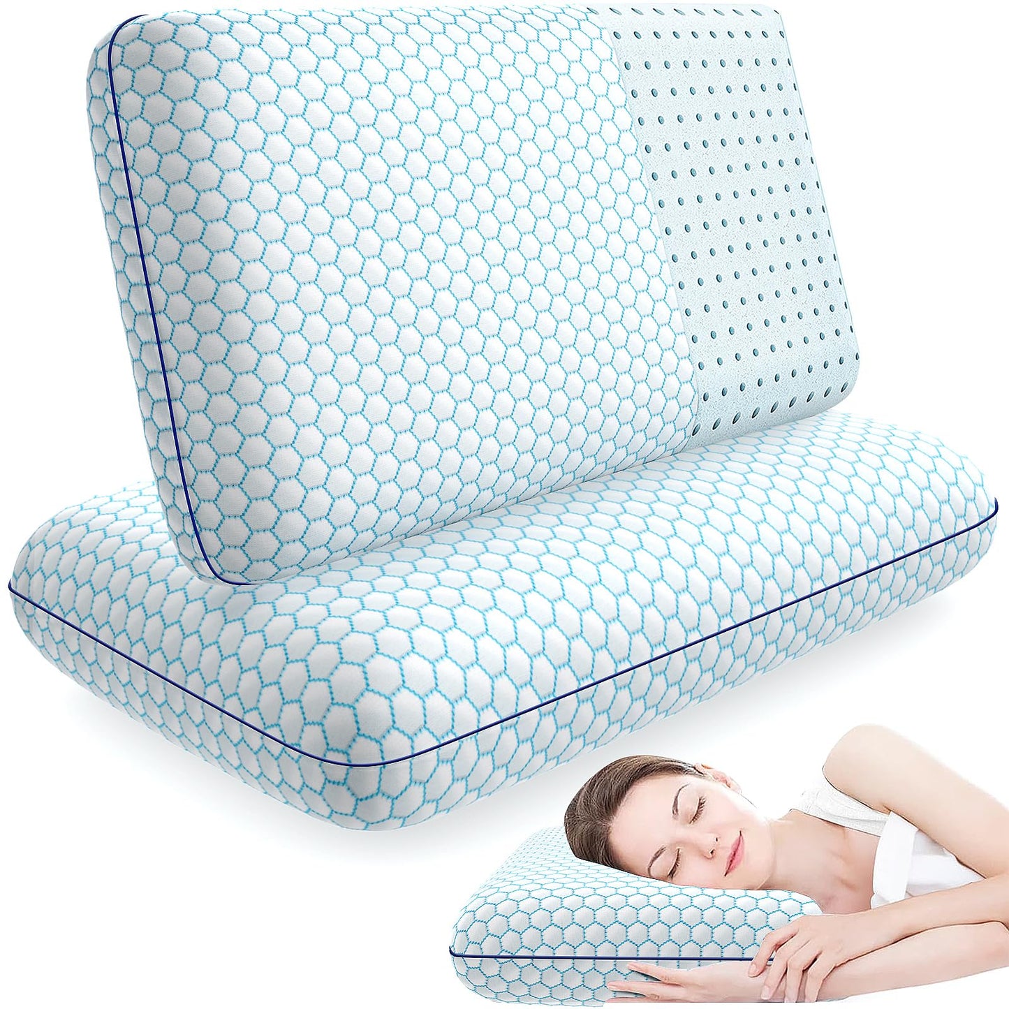 CushyOasis Memory Foam Pillows for Side, Back and Stomach Sleepers, Set of 2, Bed Pillow with Washable Cover and Breathable Mesh, Bed Pillow for Sleeping (Blue，Standard Size) - Medaid International