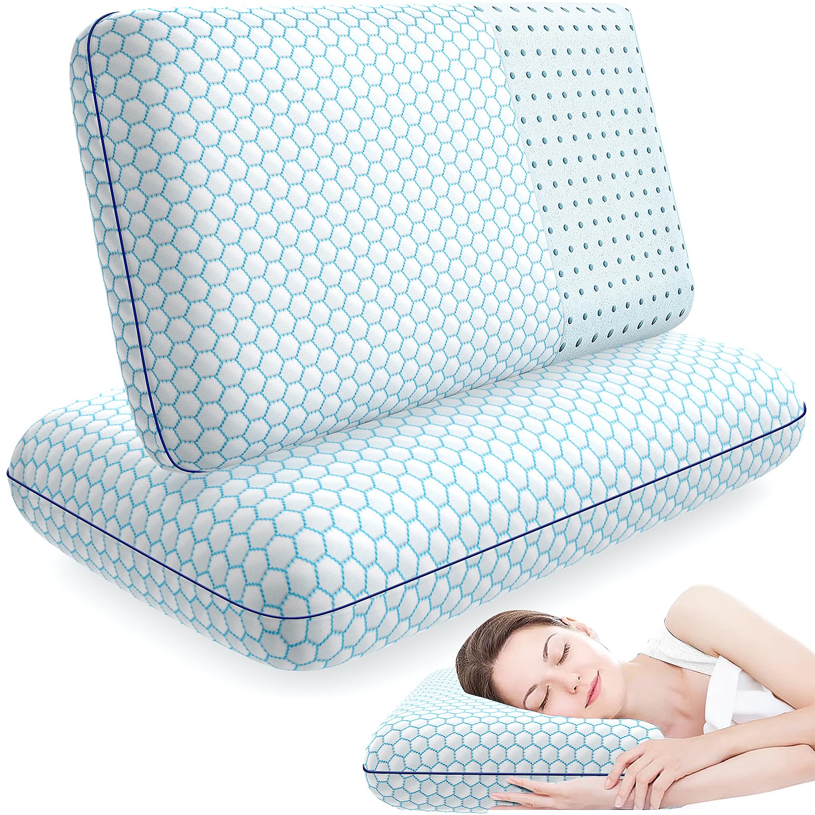 CushyOasis Memory Foam Pillows for Side, Back and Stomach Sleepers, Set of 2, Bed Pillow with Washable Cover and Breathable Mesh, Bed Pillow for Sleeping (Blue，Standard Size) - Medaid International