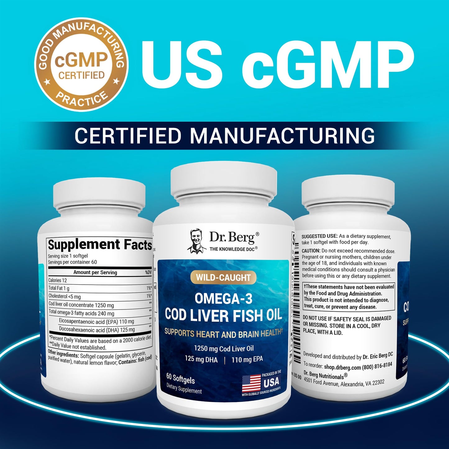 Dr. Berg Maximum Strength Omega-3 Cod Liver Fish Oil (1250 mg) from Wild-Caught Cod - Lemon-Flavored Omega-3 Fish Oil for Women & Men - EPA DHA Supplement – 60 Softgels - Medaid International