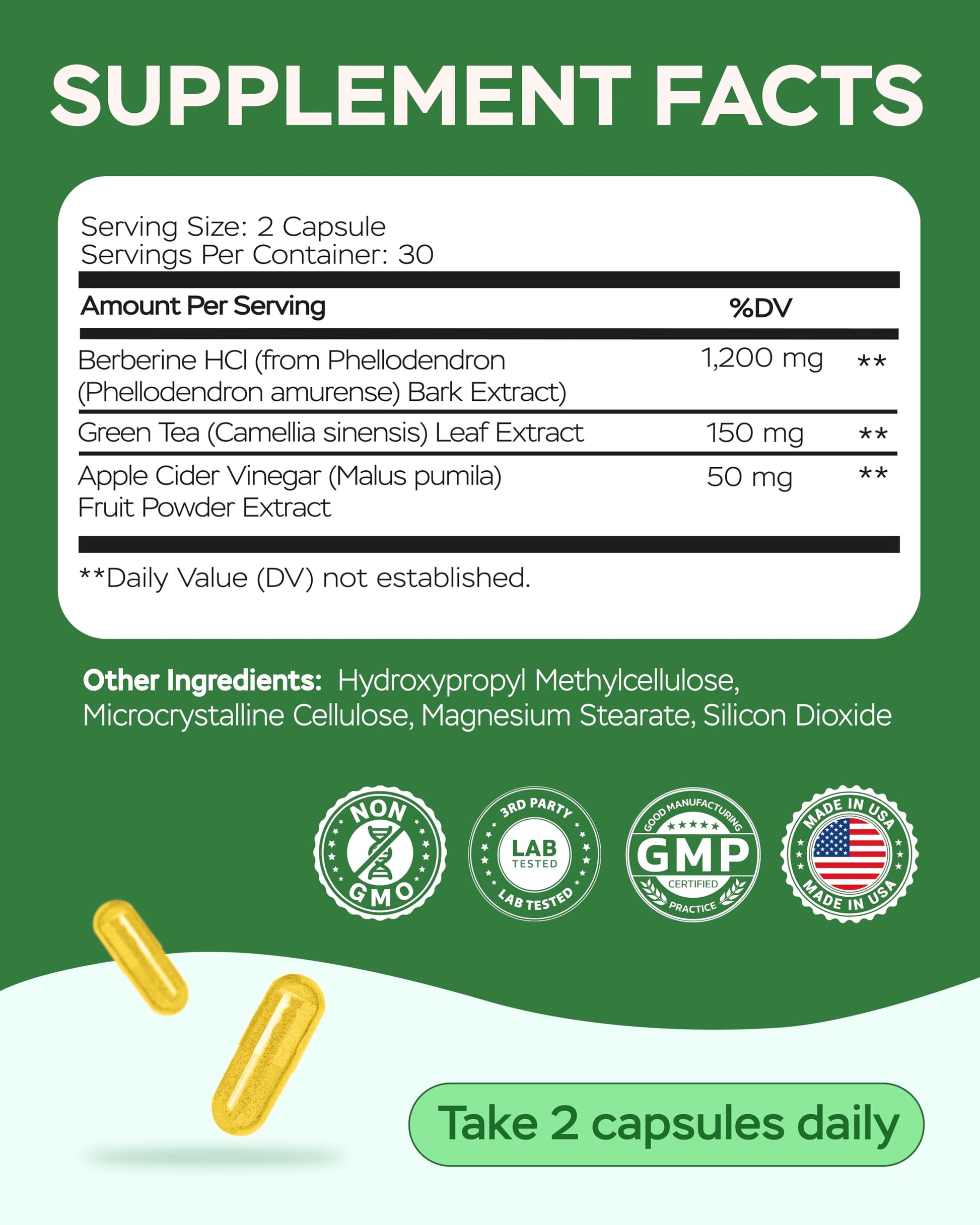 Berberine HCL Supplement - Triple Strength GLP-1 Activator with Apple Cider Vinegar & Green Tea Extract - Body Composition Support, Digestive Health, Support Heart Health, Immune System (60 Capsules) - Medaid International