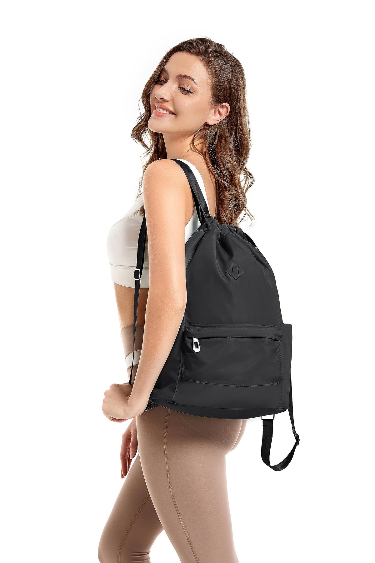 TERRIFI Drawstring Backpack for Gym Sports Travel & Daily Use, Waterproof Cinch Bag with Wet Pocket, Adjustable Pull String Sack for Men Women (Black)