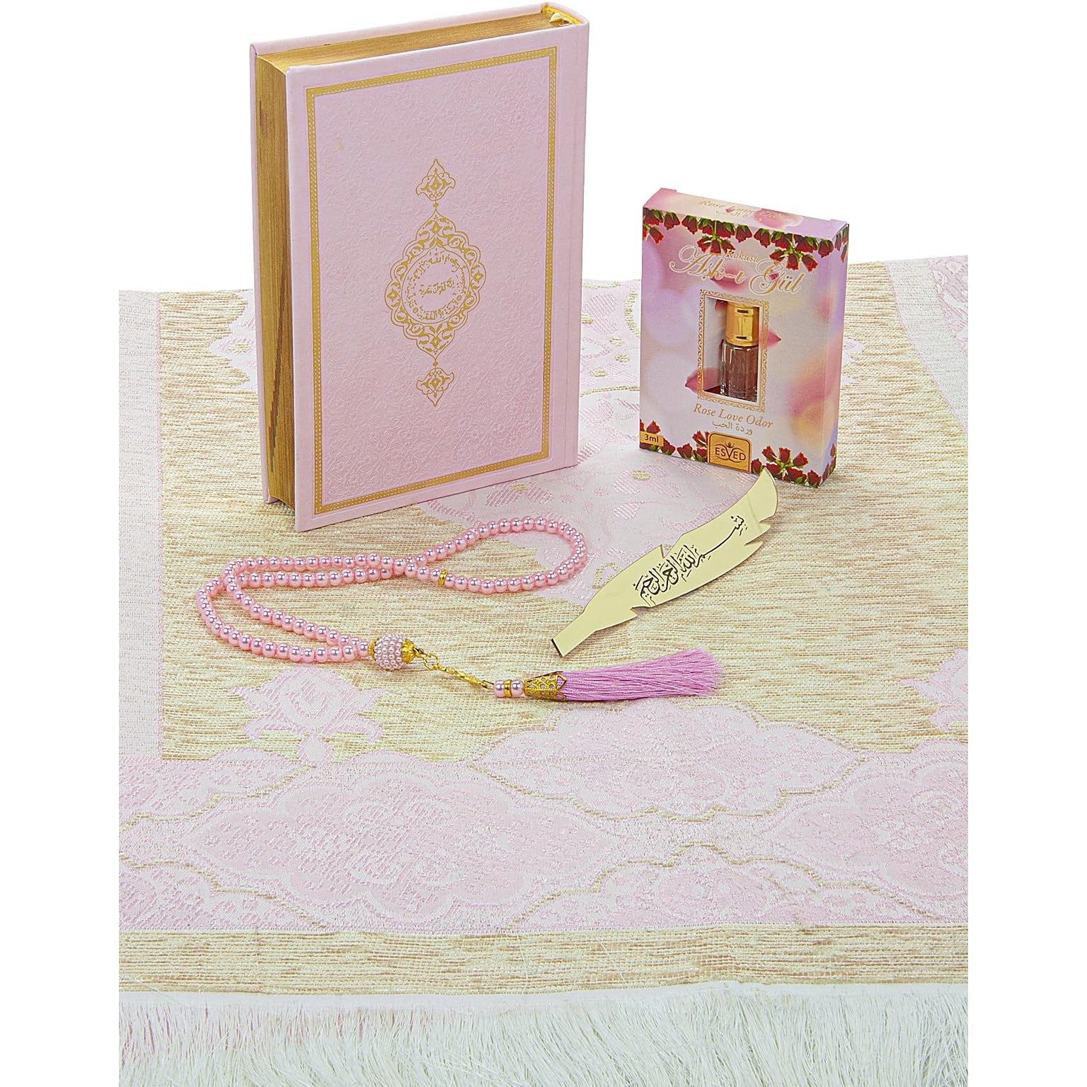 ihvan online Prayer Gift Set for Men & Women, Muslim Prayer Rug, Salah Mat, Beads Taasbih, Arabic Holy Quran, Islamic Gift Set for Ramadan & Eid, Pink - Medaid International
