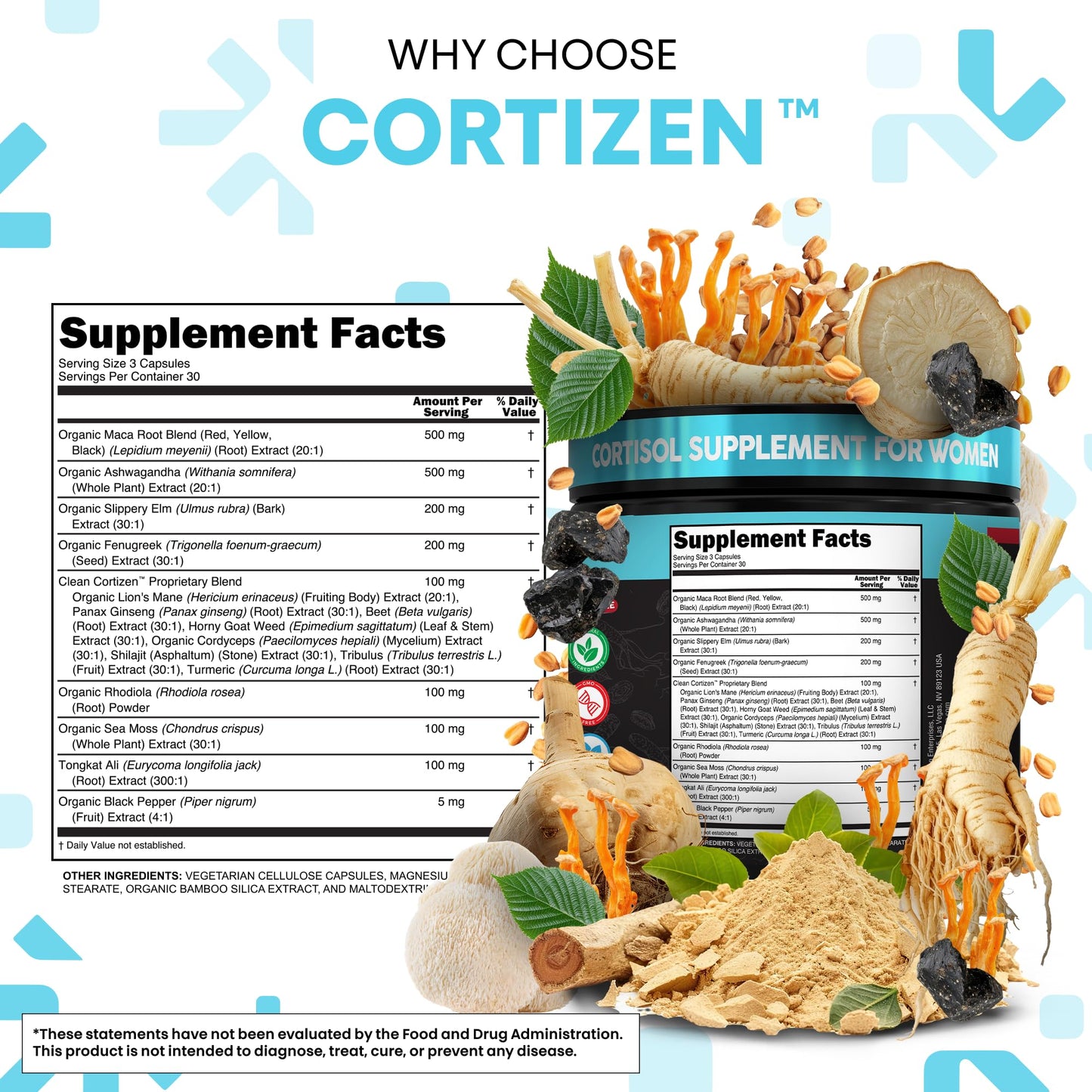 Clean Nutra Cortisol Supplements For Women | Maca Root Ashwagandha Cortisol Detox Manager Reducer + Slippery Elm Fenugreek Lions Mane Shilajit Rhodiola Sea Moss Tongkat Ali Cordyceps Ginseng Beet Root - Medaid International