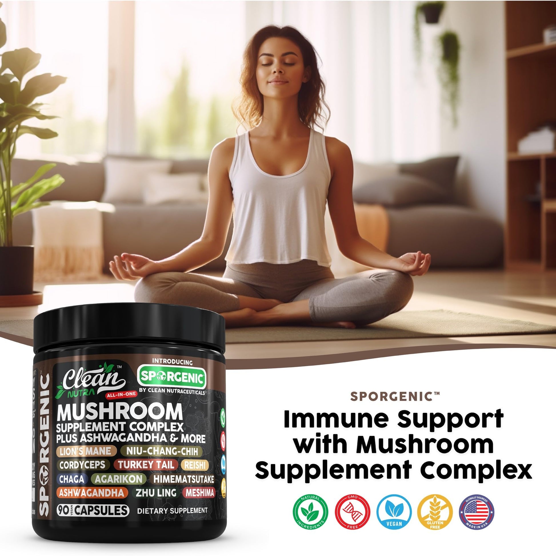 Organic Mushroom Supplement | Ashwagandha Lions Mane Cordyceps Turkey Tail Reishi Mushrooms Maca Root Black Hoof Chaga Tremella Agarikon Shiitake Oyster Powder Capsules Sporgenic by Clean Nutra (1) - Medaid International