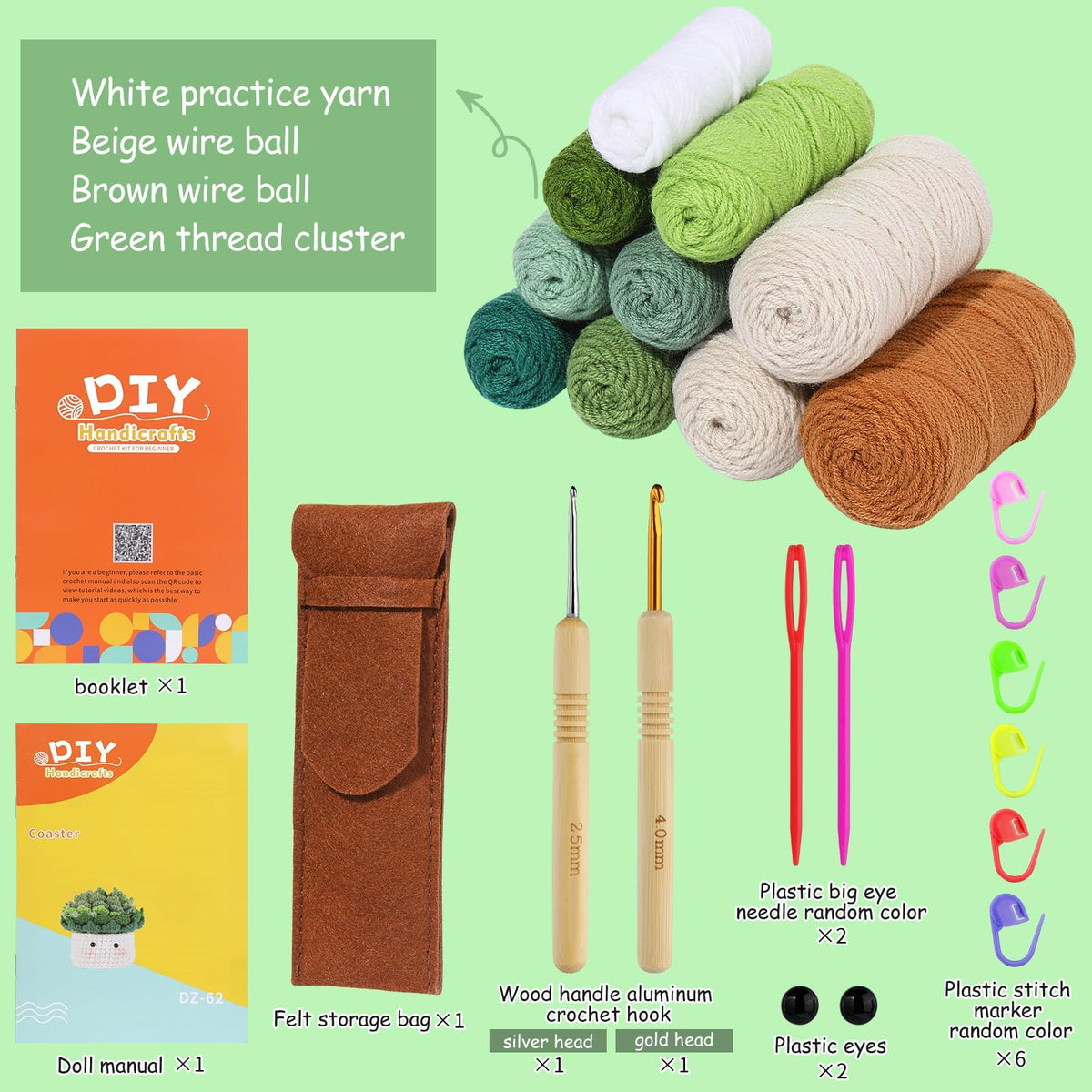 KASTWAVE Crochet Kit for Beginners - 6pcs Coasters in a Plant Pot Crochet Start Kit, Complete Beginner Crochet Kit with Crochet Hooks, Yarn, Clear Video Tutorials for Adult Beginners