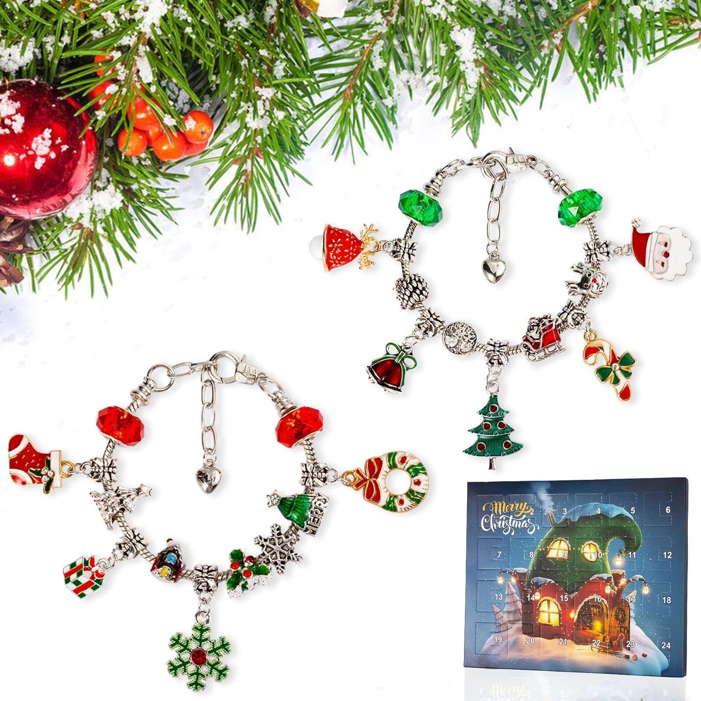 Christmas Advent Calendar Bracelets 2025 for Girls, 24 Days DIY Jewelry Making Kit with 22 Charm Beads and 2 Adjustable Bracelets, Xmas Countdown Gift for Kids Teens Women - Medaid International