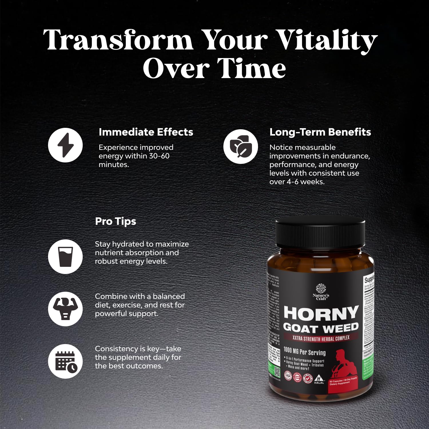 Horny Goat Weed for Men - Extra Strength Male Supplement with Black Maca Root, Tongkat Ali, Saw Palmetto & Panax Ginseng Extract for Stamina & Energy - 60 Capsules - Medaid International