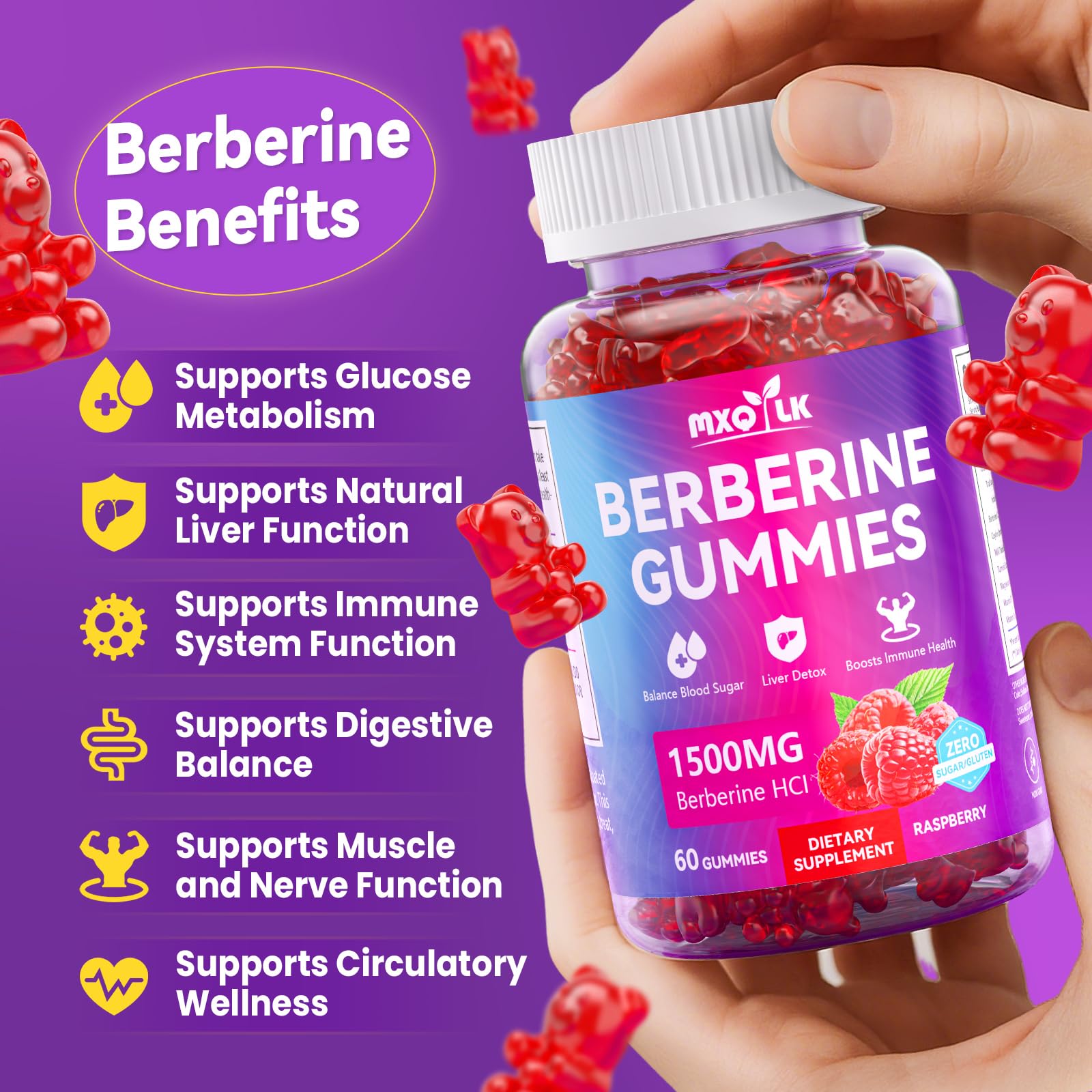 Berberine Gummies 1500mg – High Potency Berberine Supplement with Ceylon Cinnamon and Milk Thistle – Supports Glucose Metabolism & Natural Liver Function – Vegan, Sugar-Free, Non-GMO – 60 Count - Medaid International