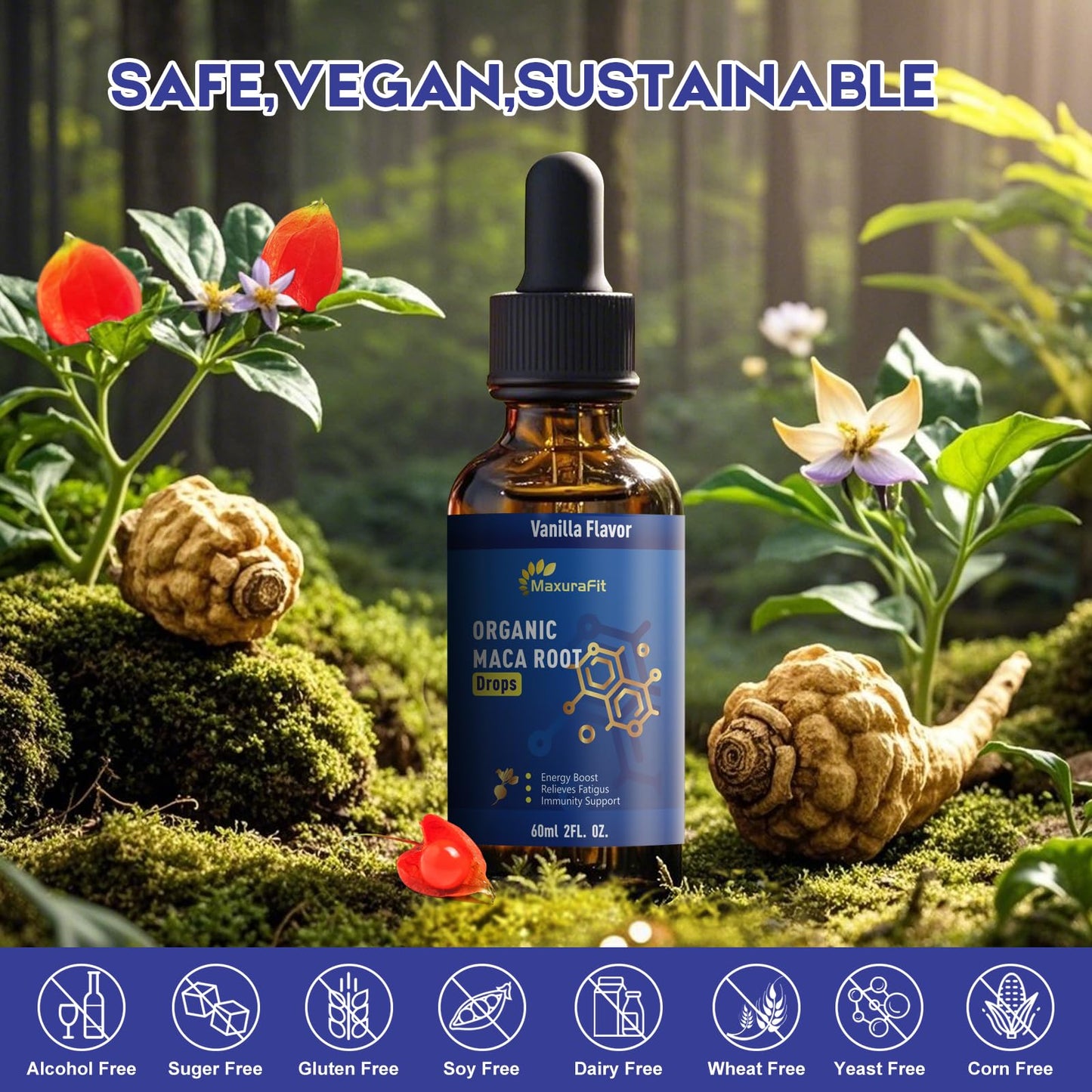 Maca Root Ashwagandha Liquid Drops - Maca and Ashwagandha Supplements with Goji Berry,Ginger Extract,L-Arginine and Magnesium Enhanced Energy 2 fl oz - Medaid International