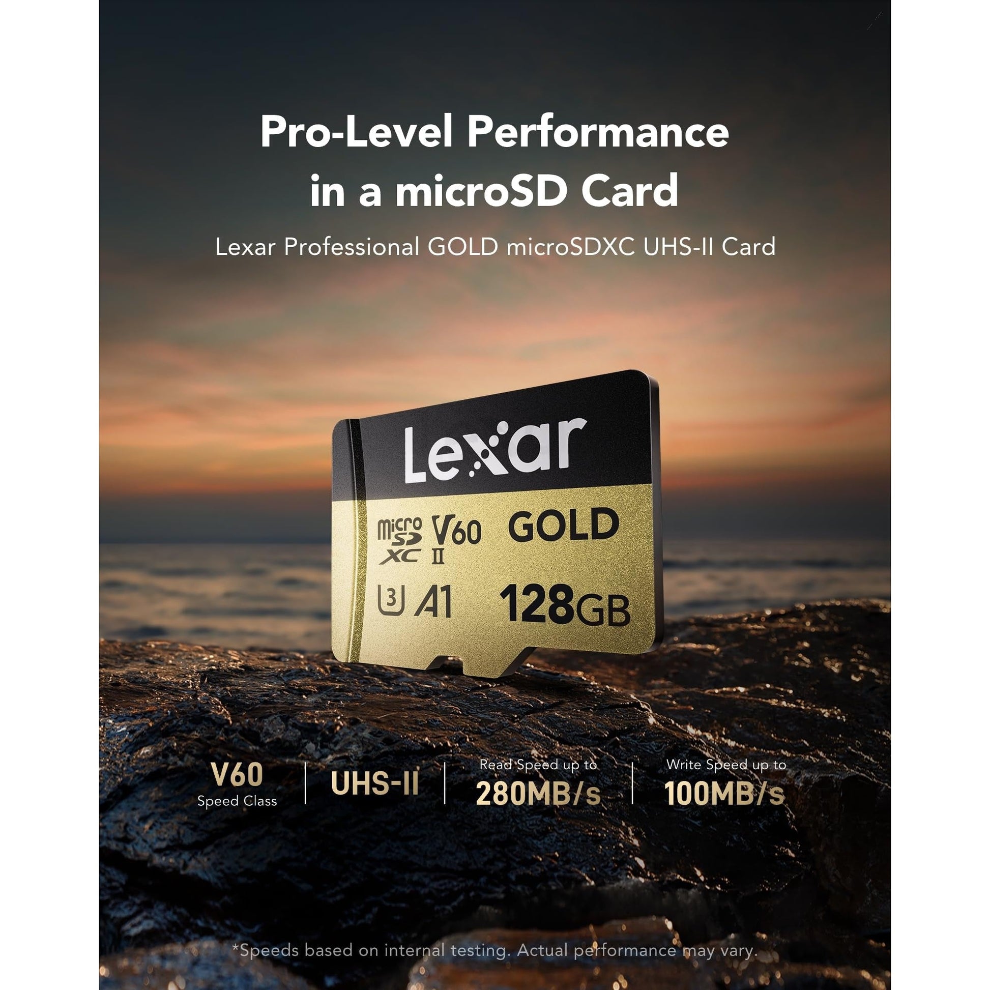 Lexar GOLD 128GB Micro SD Card, microSDXC UHS-II Flash Memory Card, V60, U3, A1, C10 microSD Card, Up to 280MB/s Read, TF Card for Drone/Action Camera/UHS-II Portable Gaming Device (LMSGOLD128G-BNNNG) - Medaid International