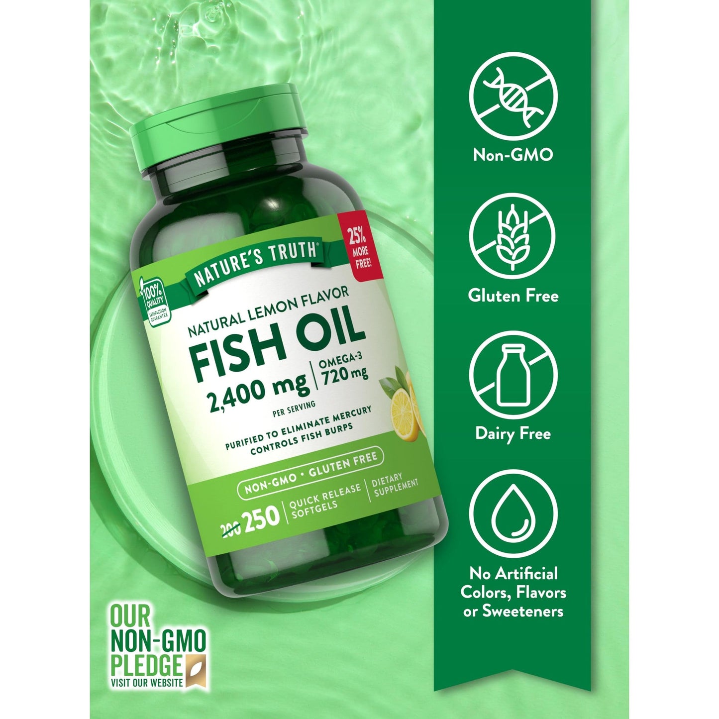 Nature's Truth Burpless Fish Oil 2400mg | 250 Softgels | 720 mg Omega 3 | Natural Lemon Flavor Pills | Non-GMO & Gluten Free Supplement - Medaid International