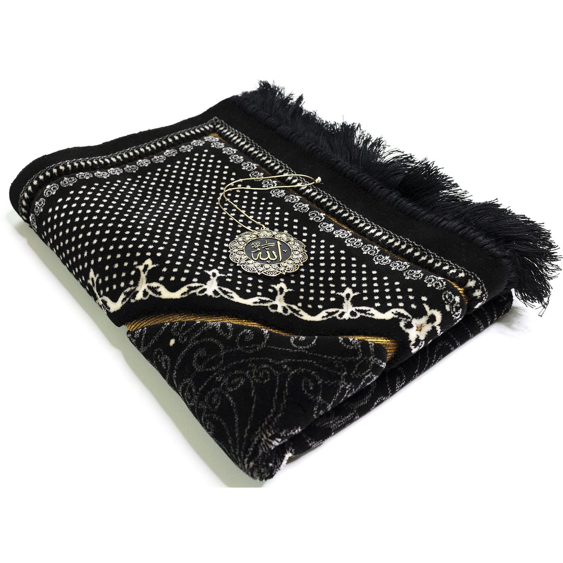 Modefa Turkish Islamic Velvet Prayer Rug - Thick & Wide Soft Carpet for Men & Women - Large Muslim Salah Mat - Ramadan & Eid Gift - with Car Hanger - Double Plush Topkapi (Black) - Medaid International