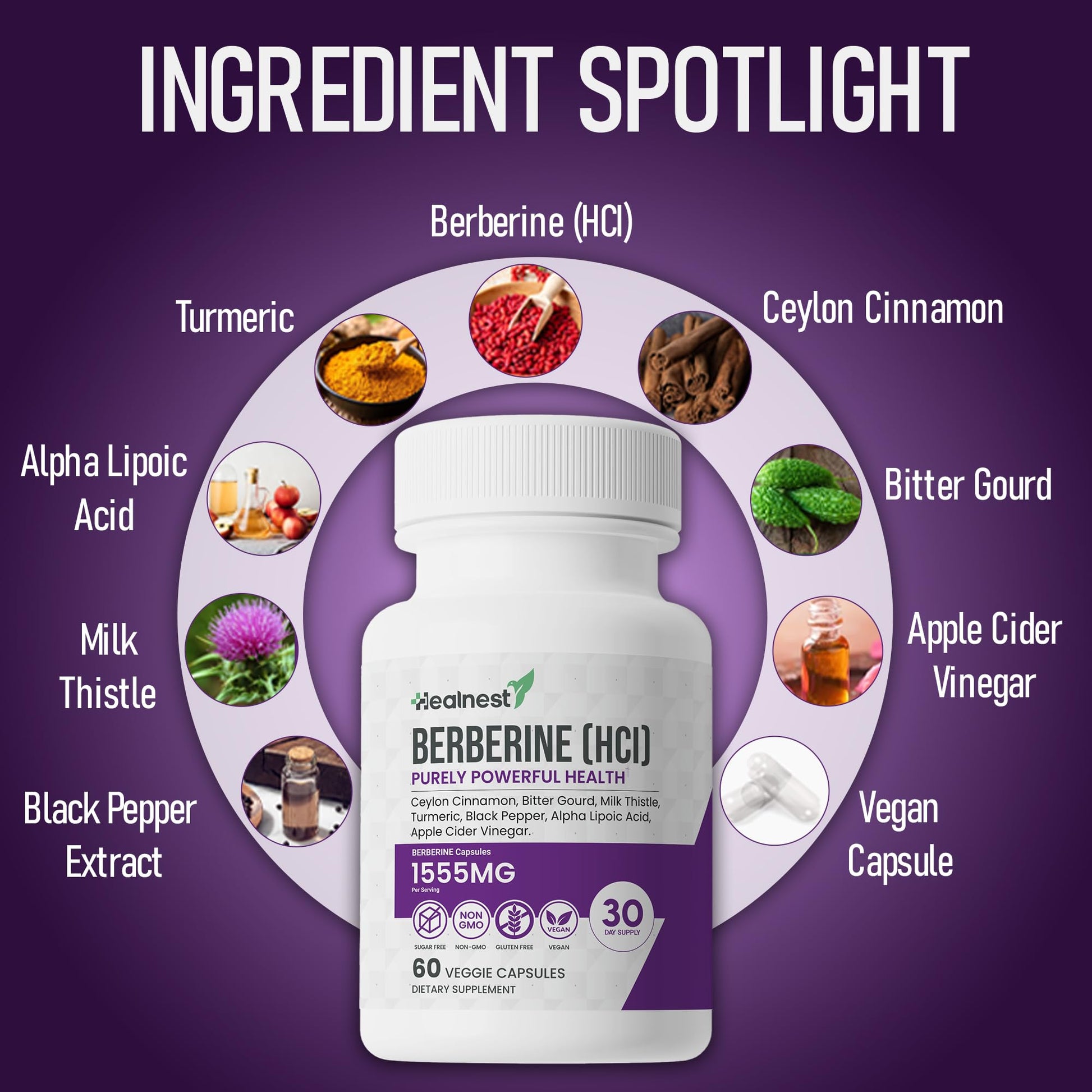 Berberine (HCI) 500mg - with Ceylon Cinnamon, Turmeric, Milk Thistle, Bitter Gourd, Alpha Lipoic Acid - Non-GMO, Gluten Free, 60 Vegan Capsules. - Medaid International