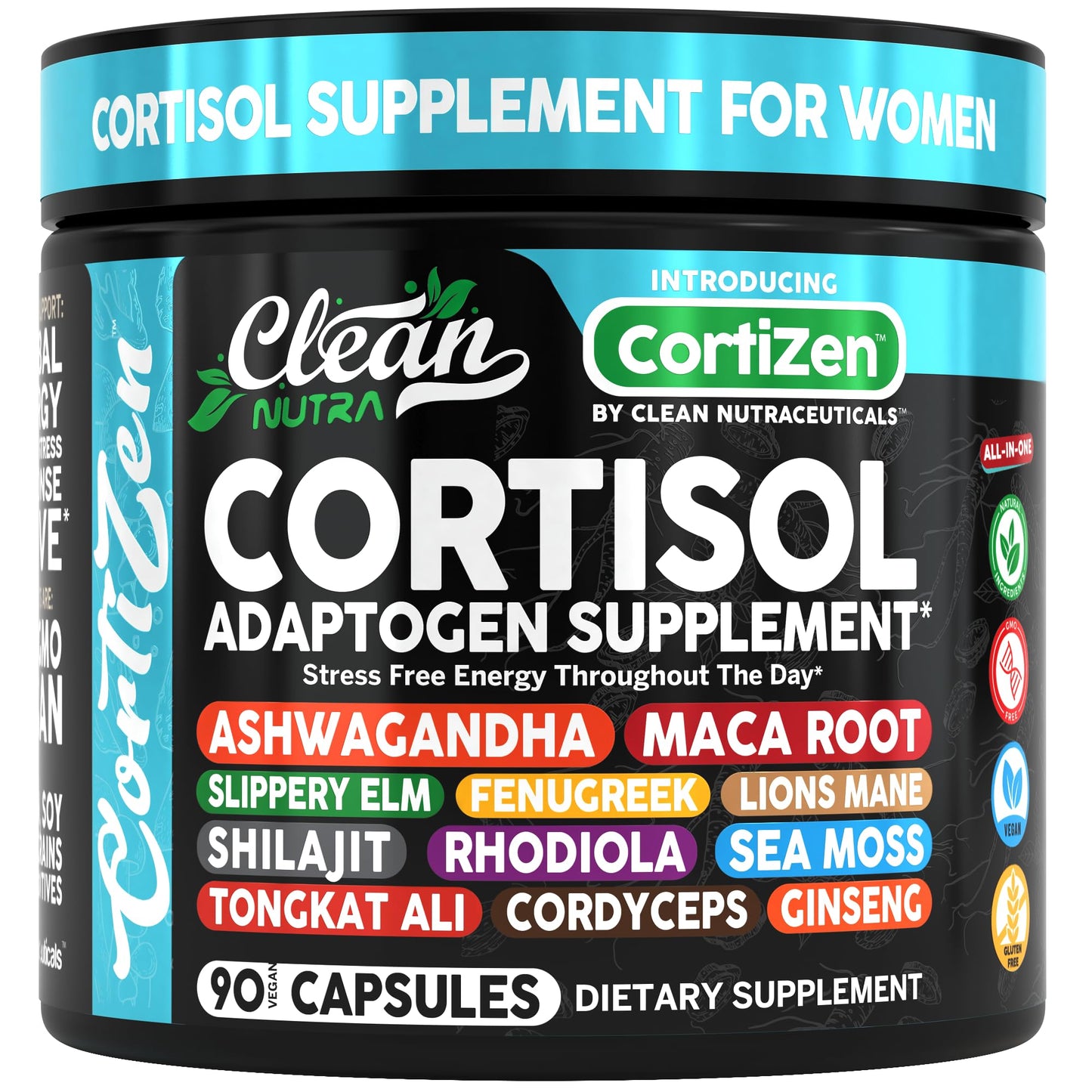 Clean Nutra Cortisol Supplements For Women | Maca Root Ashwagandha Cortisol Detox Manager Reducer + Slippery Elm Fenugreek Lions Mane Shilajit Rhodiola Sea Moss Tongkat Ali Cordyceps Ginseng Beet Root - Medaid International