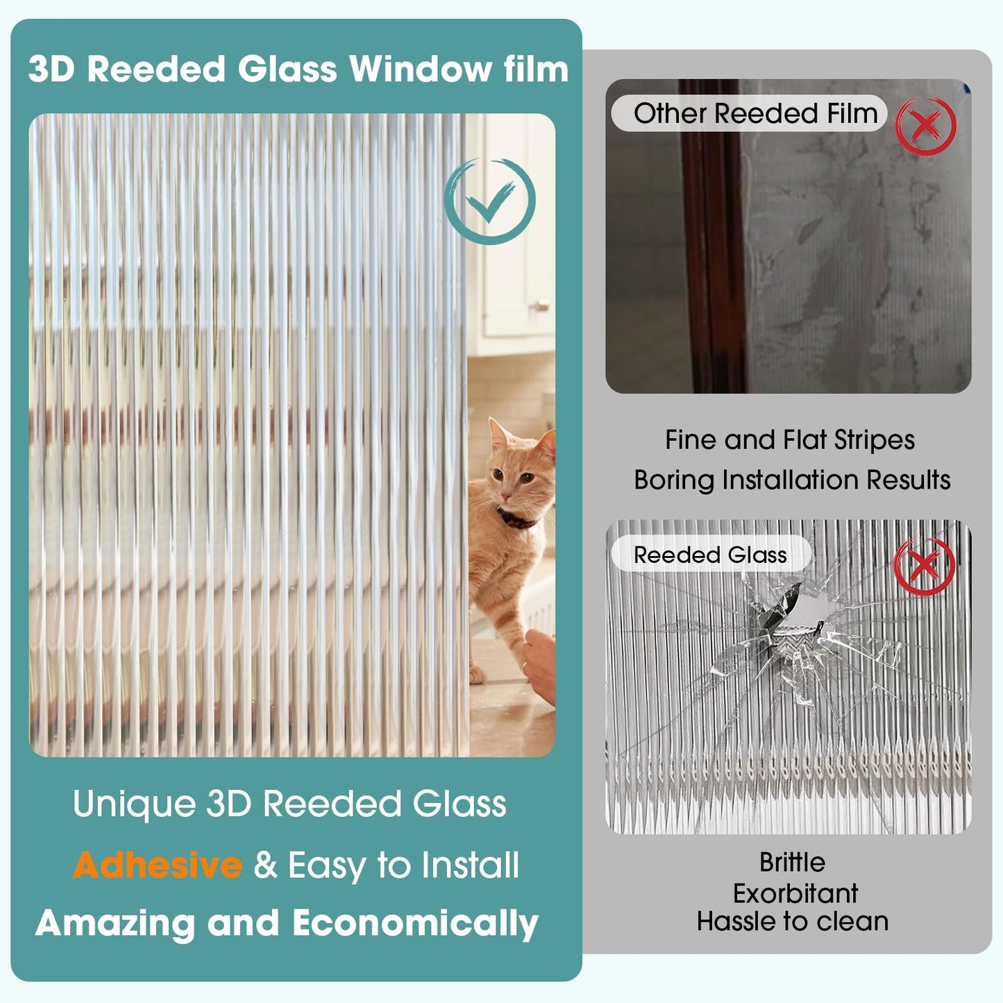 Coavas Window Privacy Film Reeded Glass, Frosted 3D Fluted Glass Window Cling, Adhesive Vinyl Decorative Door Stickers for Bathroom Home Sun Blocking, 17.5x78.7 in, Translucent - Medaid International